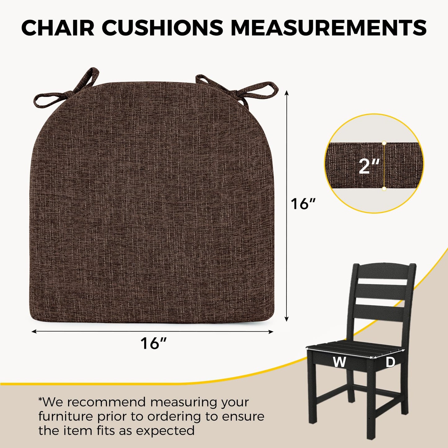 downluxe Indoor Chair Cushions for Dining Chairs, Soft and Comfortable Textured Foam Kitchen Chair Pads with Ties and Non-Slip Backing, 16" x 16" x 2", Brown, 6 Pack
