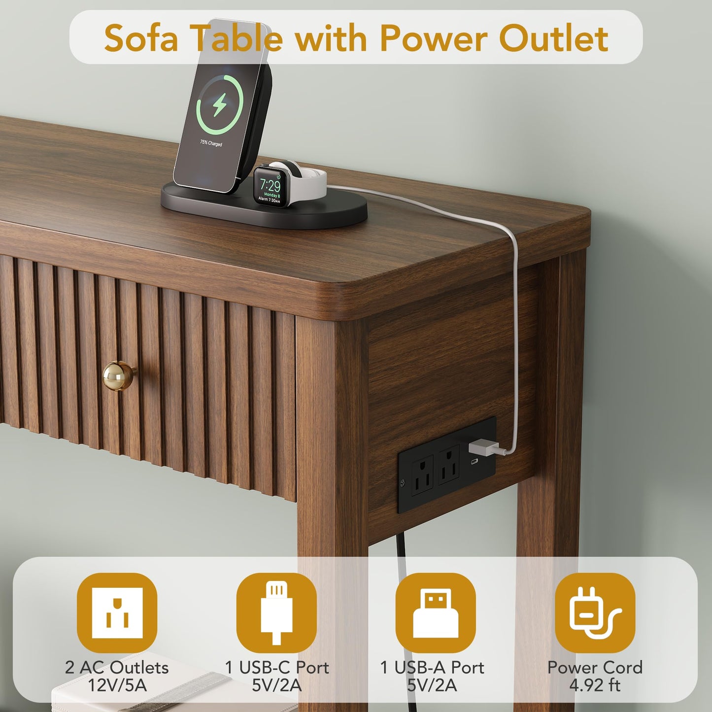 47 Inch Fluted Console Table with Outlets and USB-C Port, Mid Century Modern Sofa Table with 3 Drawers and Open Shelf, Entryway Table with Charging Station for Behind Couch, Hallway, Foyer, Walnut