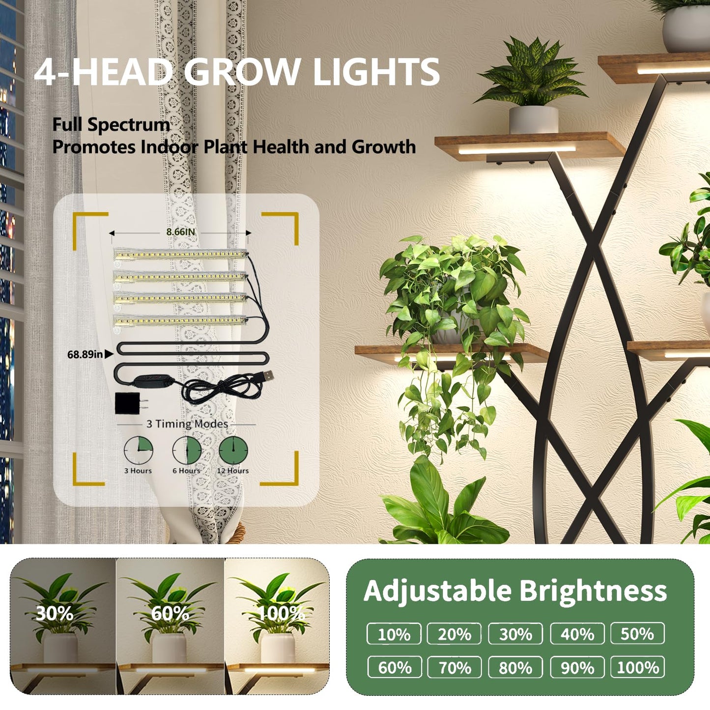 DongRong Plant Stand Indoor with Grow Lights - 9 Tiered 66" Tall Metal Plant Shelf, Curved Plant Stand with Adjustable Feets for Multiple Plants, Corner Flower Shelf for Living Room, Patio
