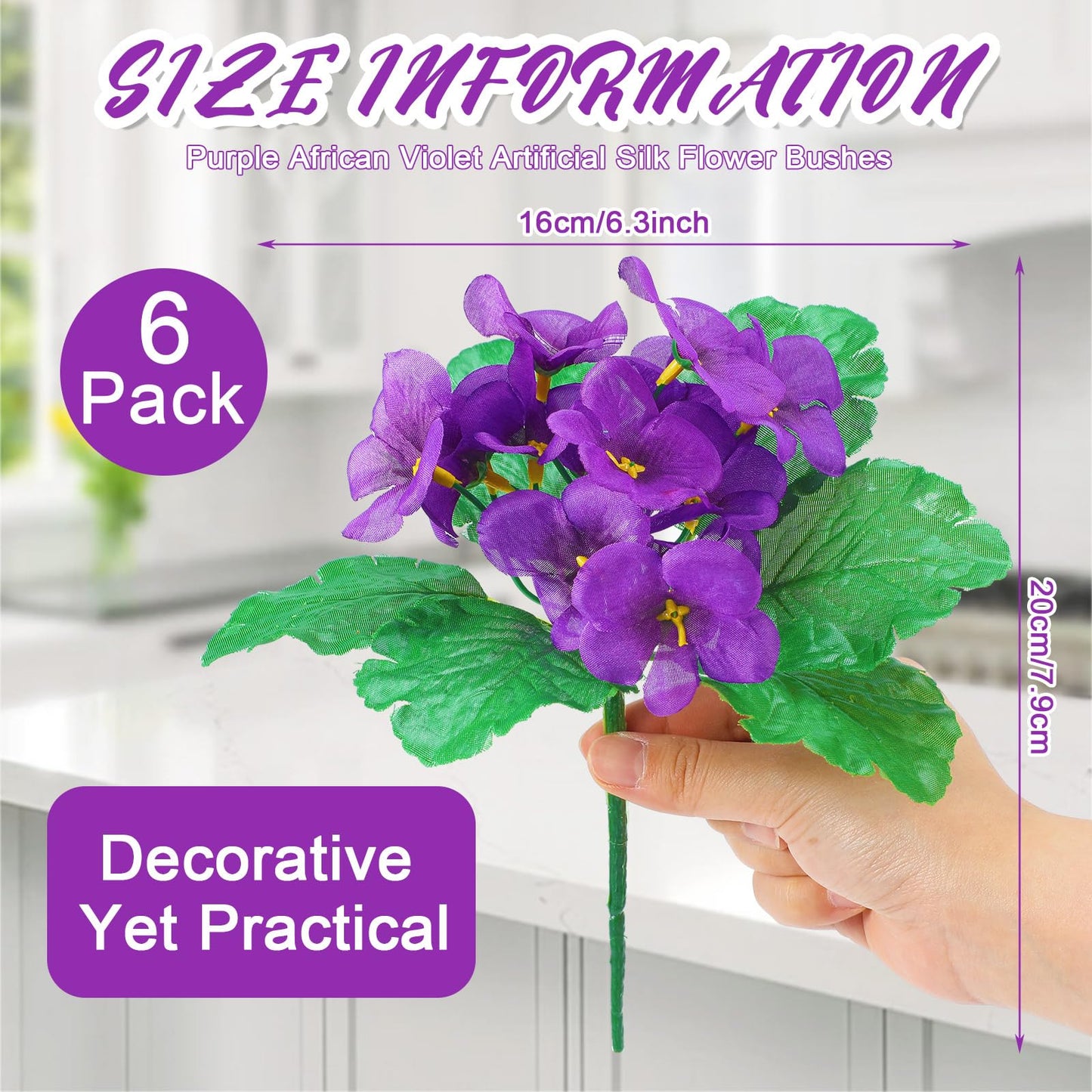 Suncalla 6 Pack Purple African Violet Artificial Silk Flower Bushes Individual Artificial Violet Flowers Houseplant(Purple)