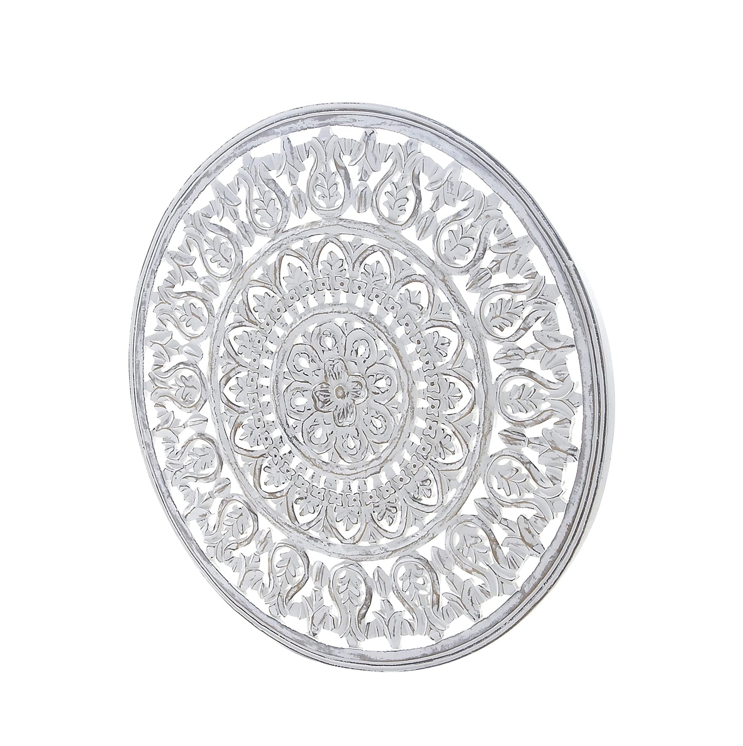 Deco 79 Wood Floral Handmade Intricately Carved Round Mandala Wall Decor, 36" x 1" x 36", White