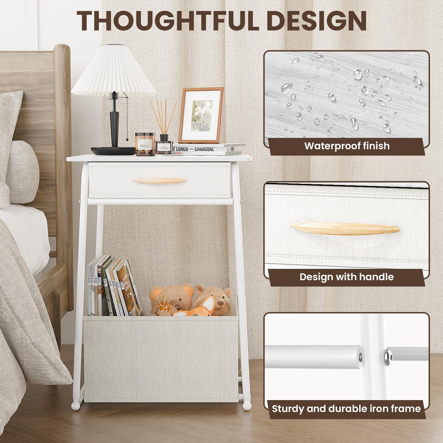 Olldide 3-Tier Bedside Table with Storage, Modern Square Nightstand with Fabric Storage Basket & Drawers, Multifunctional Side Table for Living Room, Bedroom (White)