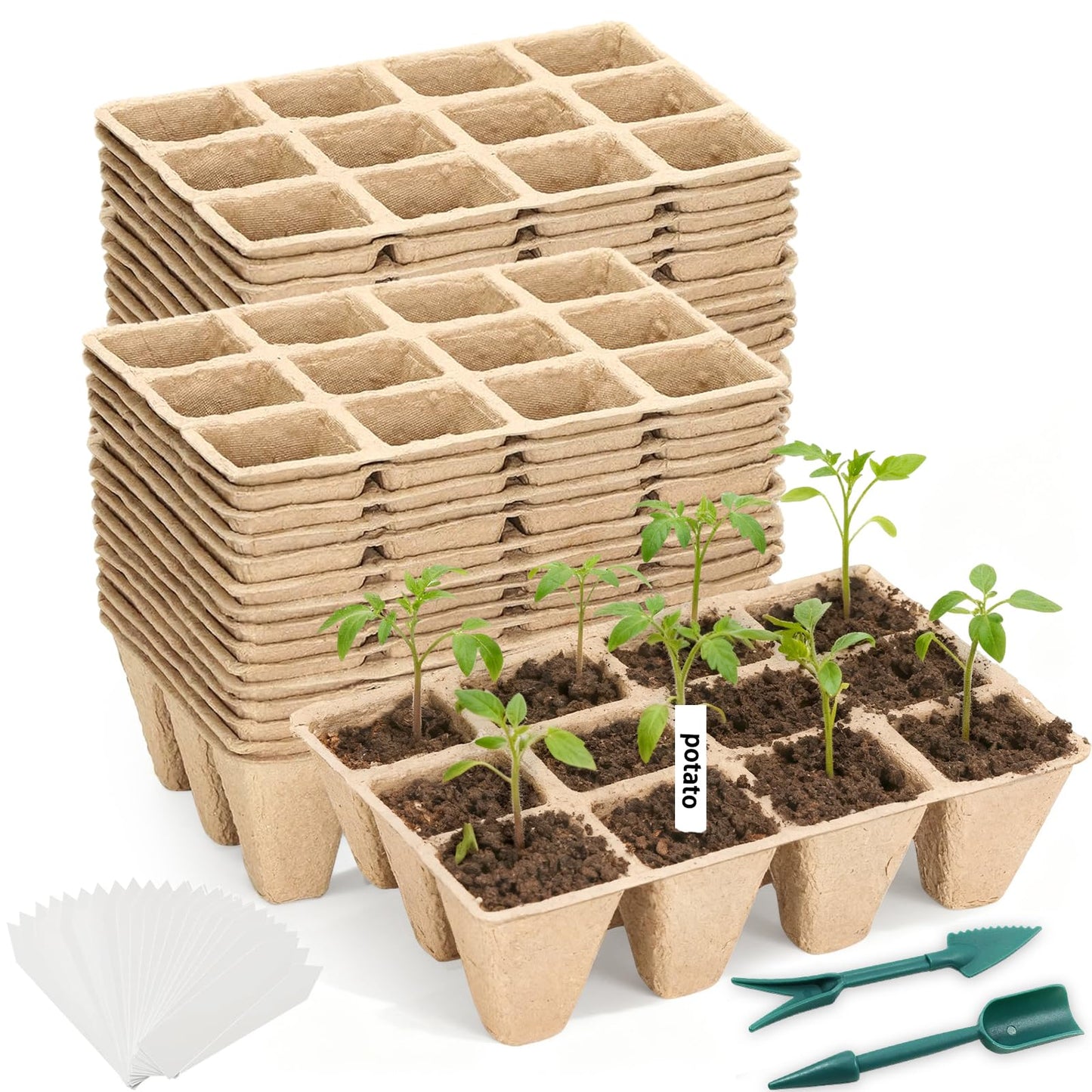 Hosetim Seed Starter Tray - 300 Cells Biodegradable Peat Pots for Seedlings, 25 Packs Garden Germination Seedling Starter Trays with Drain Holes, Organic Seed Starter Kit with Plant Labels(Khaki)