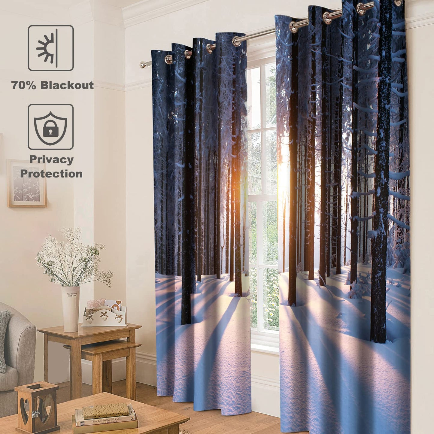 Jekeno Winter Snowy Forest Blackout Curtains Trees Woodland Sunset Landscape in Cold Weather Nature Scenery Decor for Bedroom Living Room Grommet Window Drapes 2 Panel Set, 52"x63"