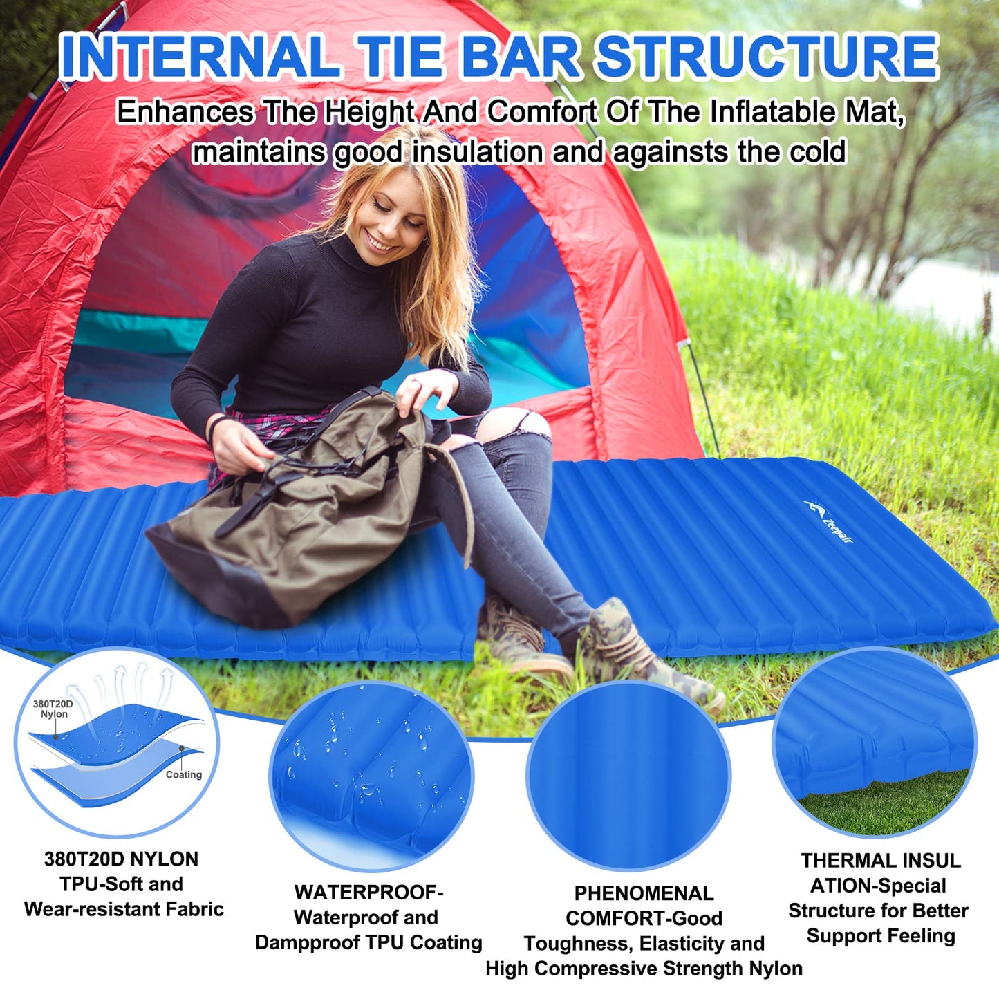 Camping Sleeping Pad, Ultralight Waterproof Inflatable Sleeping Mat with Inflation Bag, Lightweight Portable Compact Air Mattress for Outdoor Backpacking Hiking Traveling Tent Use (Single, Blue)