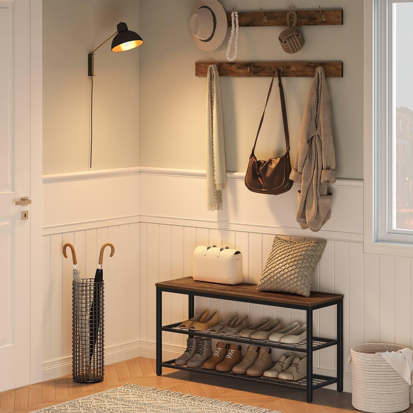 HOOBRO Hall Tree with Bench, Coat Rack Shoe Bench Set, Entryway Shoe Rack with Coat Hooks, Hall Tree Coat Rack, Mud Room, Industrial, for Foyer, Front Door, Rustic Brown BF07MT01
