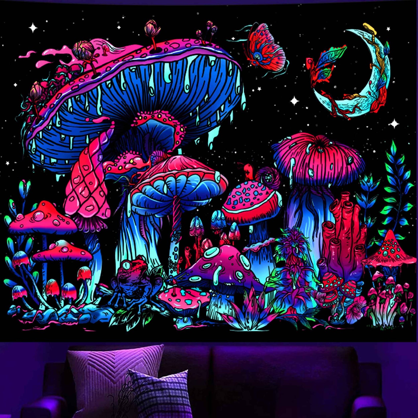 TUGCAY Blacklight Mushroom Tapestry, Glow In The Dark Tapestry Black Light Plant Fantasy UV Reactive Mushroom Butterfly Moon Tapestries Posters Wall Hanging for Bedroom Dorm Decor(50"x60")