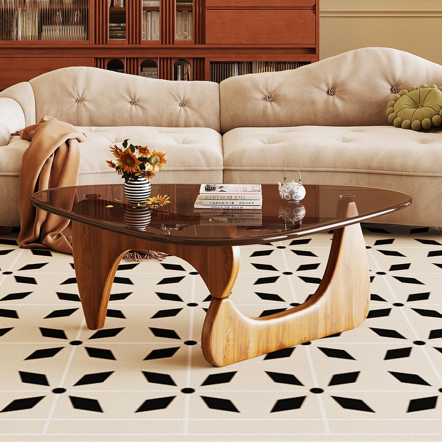 JCAJCA Coffee Table for Living Room Mid Century Modern Center Table with Glass Top and Wood, Brown/Walnut
