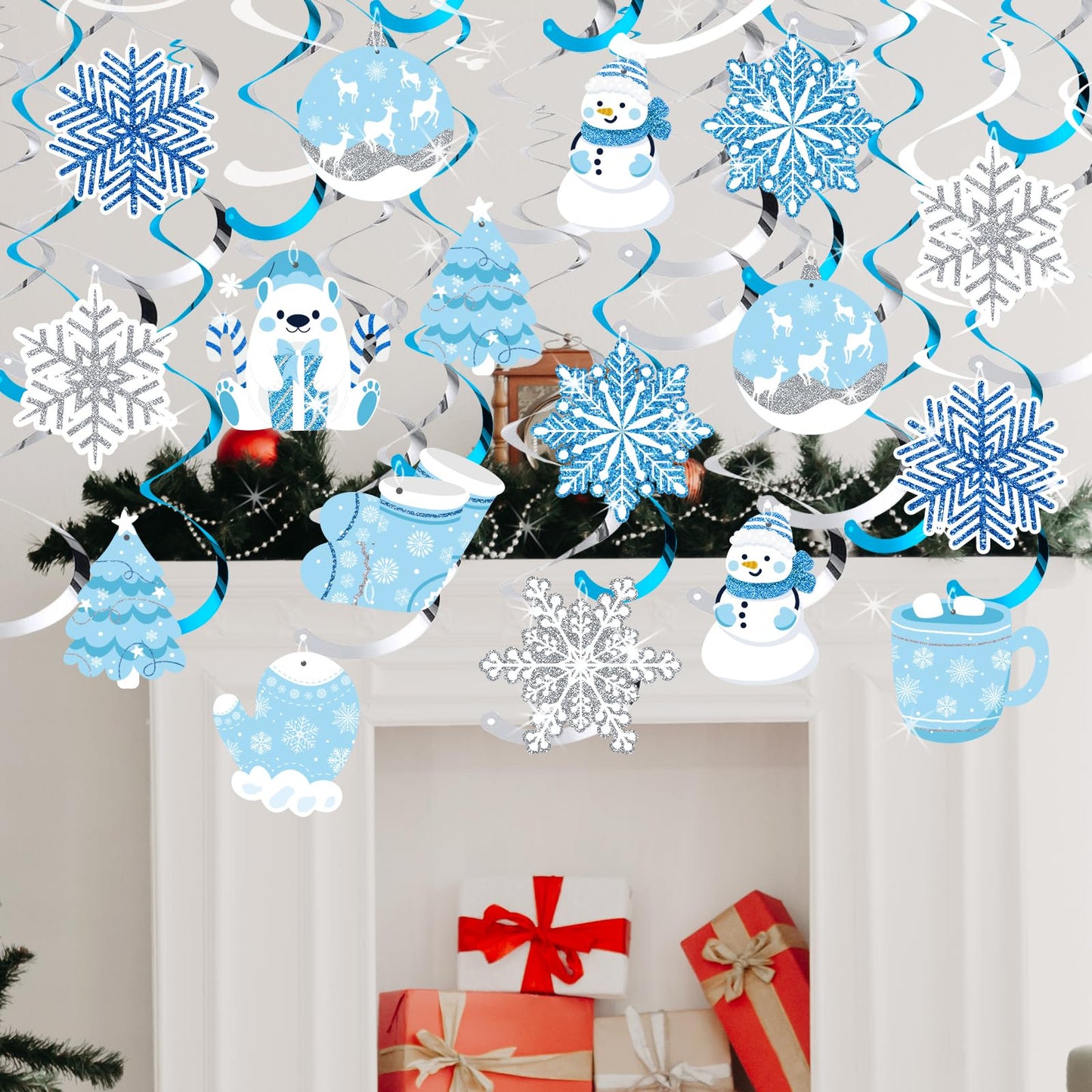 30Pcs Winter Wonderland Party Decorations Winter-Themed Hanging Swirls Snowflake Snowman Ceiling Hanging Streamers Ornaments for Xmas Wonderland Frozen New Year Birthday Party Supplies