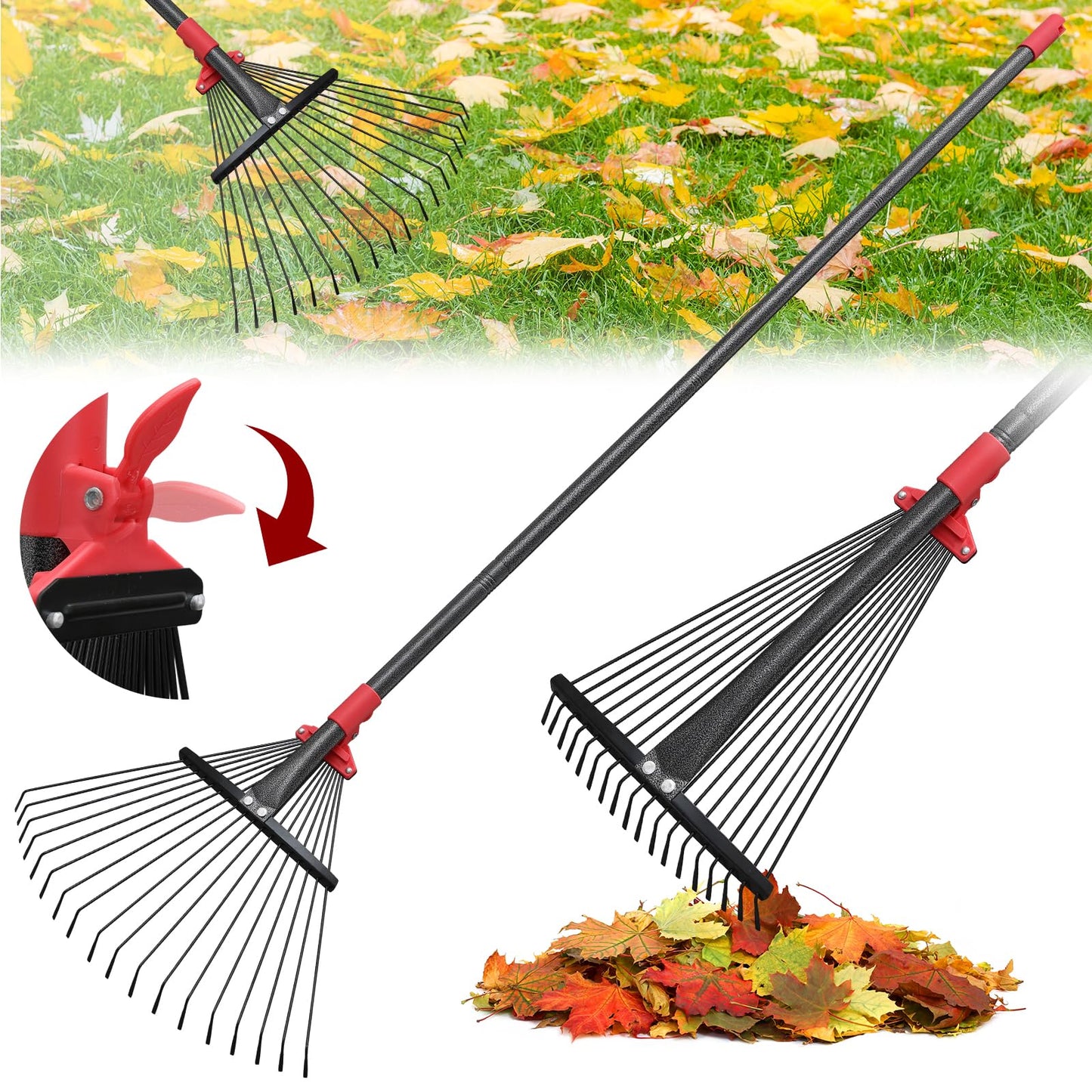 76Inch Adjustable Metal Leaf Rake, 18 Metal Tines Heavy Duty Leaves Rake for Lawns with 8-18" Expandable Head Long Handle Garden Rakes for Women Kids Leaves Yard Gardening Grass Outdoor Camping Debris