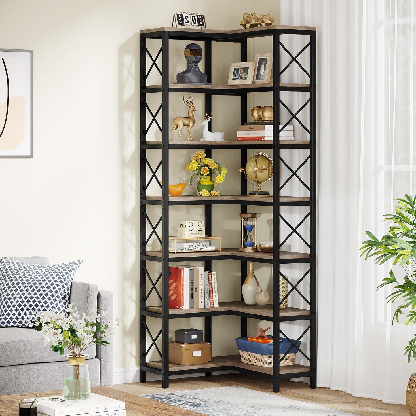 Tribesigns 7-Shelf Corner Bookshelf,Large Modern Corner Bookcase, 7-Tier Tall Corner Shelf Storage Display Rack with Metal Frame for Living Room Home Office (Grey)