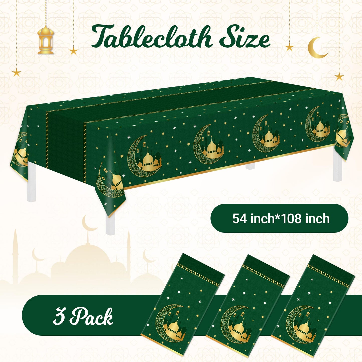 Childom 3 Pack Ramadan Table Cloth,Ramadan Decorations for Home,54" x 108" Eid Mubarak Decorations,Eid Ramadan Tablecloths Rectangular,Green Plastic Table Cloth Disposable Table Cover for Party Favors