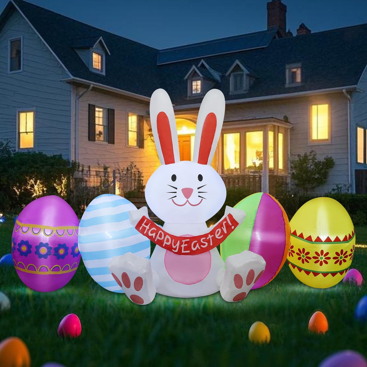DR.DUDU Easter Inflatables Outdoor Decorations, 7 FT Long Easter Bunny with Eggs, Happy Easter Decorations, Easter Blow up Yard Decorations for Garden Lawn Holiday Party