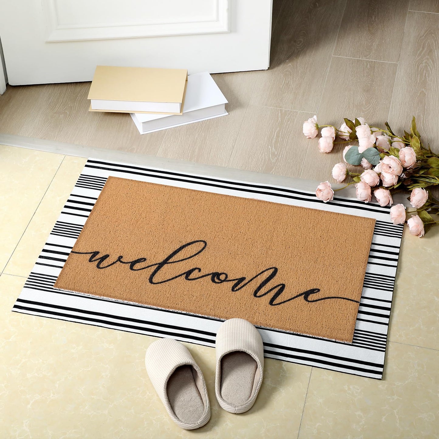 Tinideya 2 Pcs Door Mat Welcome Non Slip Coir Mats Floor Layering Doormats Seasonal for Front Porch Entryway Decor(Welcome)