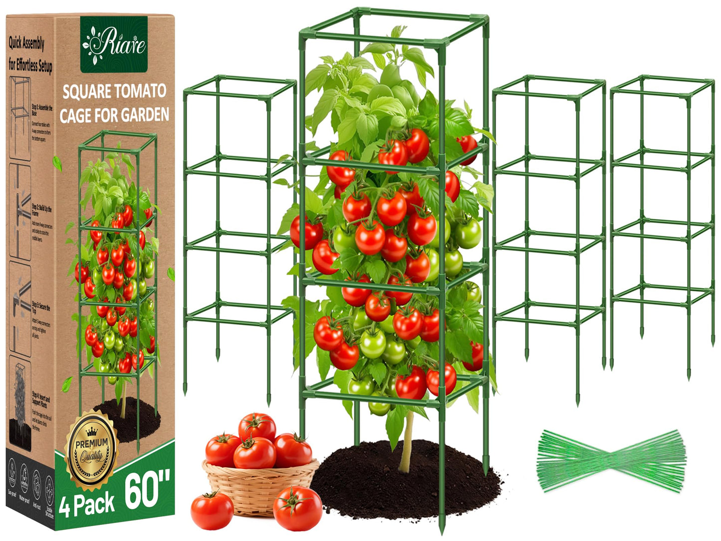 Riare 4 Pack Square Tomato Cages for Garden Plant Support- Up to 60 Inch Tomato Cage Garden Stakes Tomato Trellis for Potted Plants Raised Garden Bed Climbing Vegetables Flowers Outdoor Indoor
