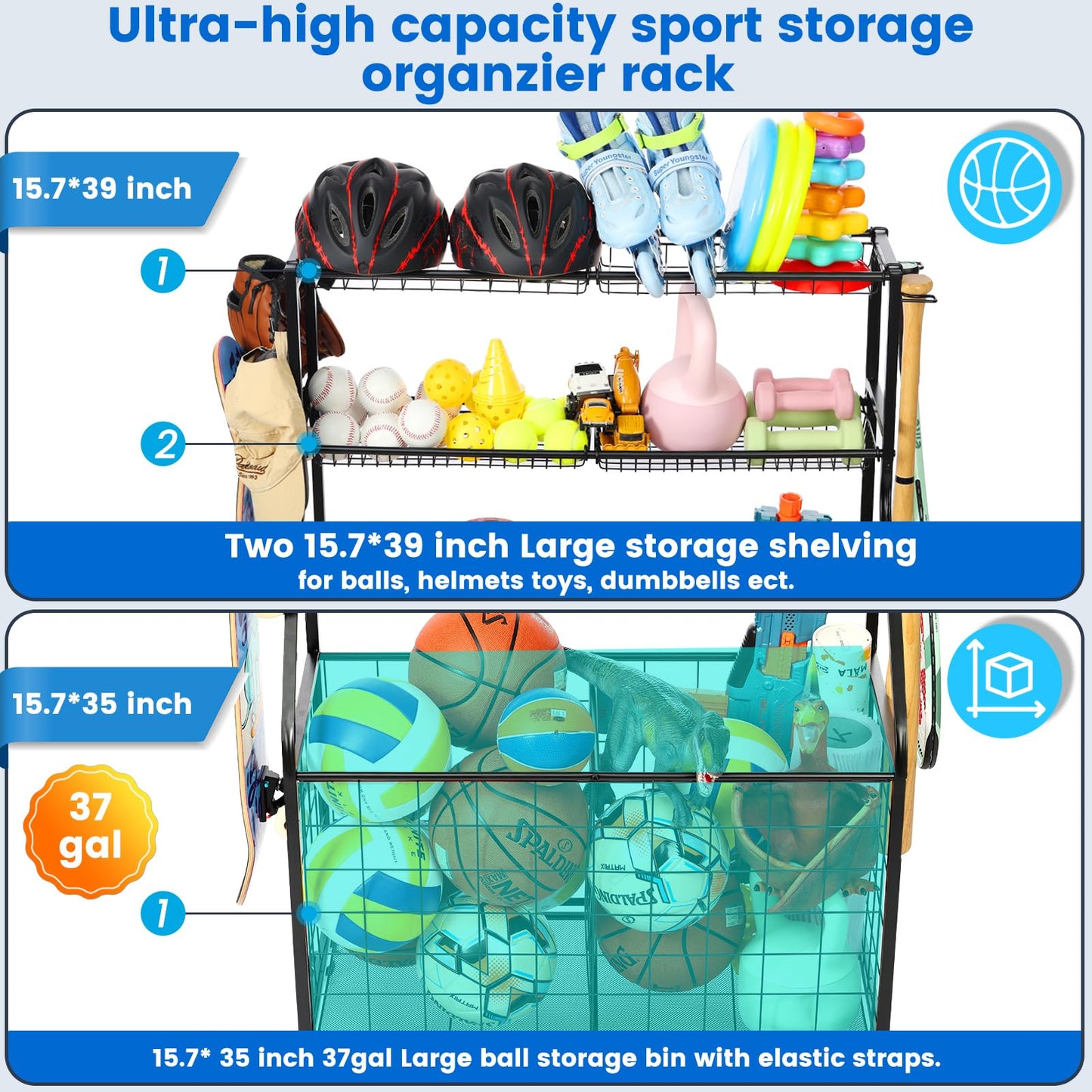 Kinghouse Sport Equipment Organizer for Garage, Steel Basketball Rack with Bat Holder and Hooks, Easy Assembly Storage for Balls, Kids' Toys, Workout Gear, Home Gym, Outdoor