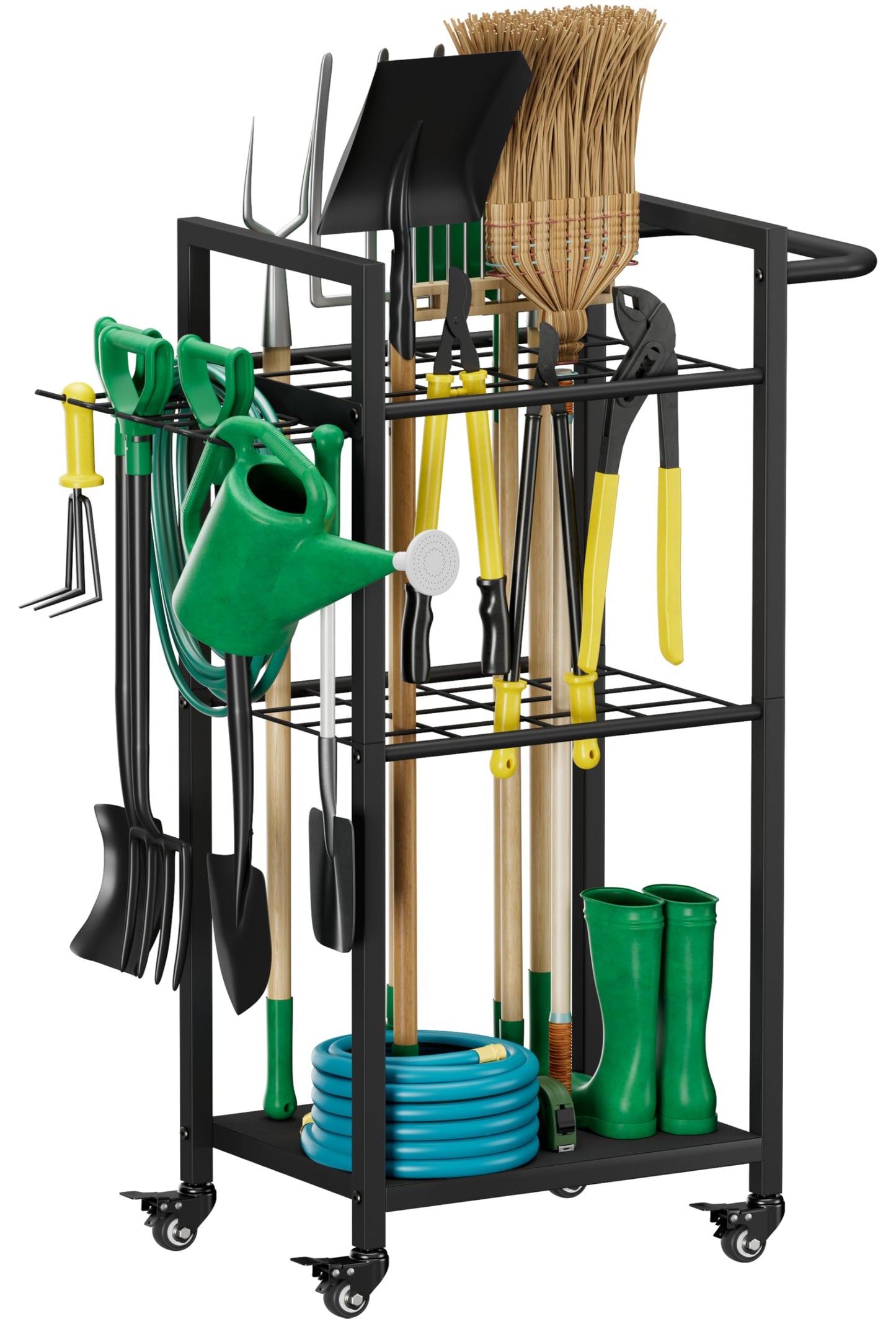 Lotspasie Garden Tool Organizer with Wheels, Heavy Duty 3 Tier Metal Yard Tool Storage Rack Holder with Side Hooks, Freestanding Garage Organizer for Shovels, Rakes, Brooms, Indoor Outdoor Use, Black