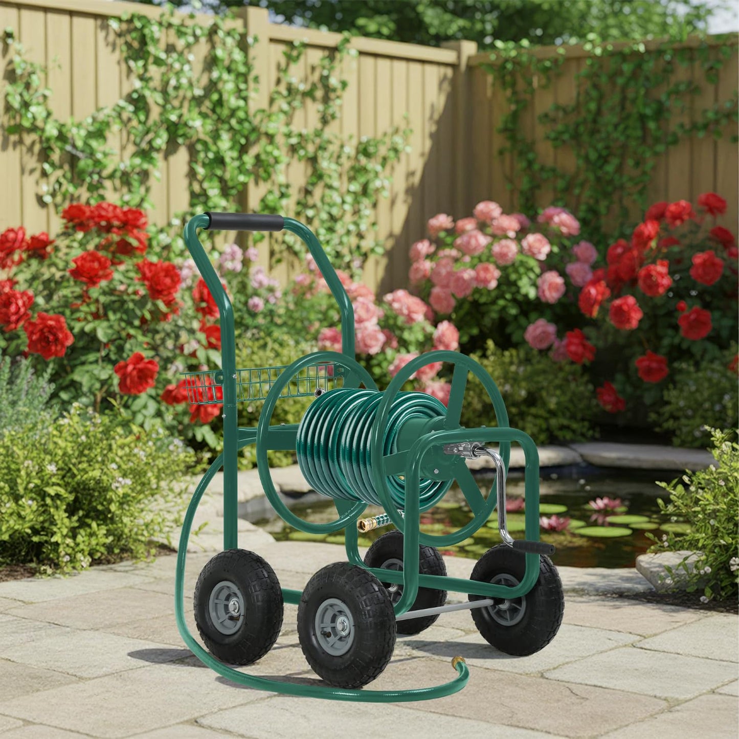 FDW Garden Hose Reel Cart, Water Hose Cart with 4 Wheels, Hold Up to 300 ft of 5/8’’ Hose，Heavy Duty Powder-Coated Steel Planting with Storage Basket, for Garden, Yard and Lawn