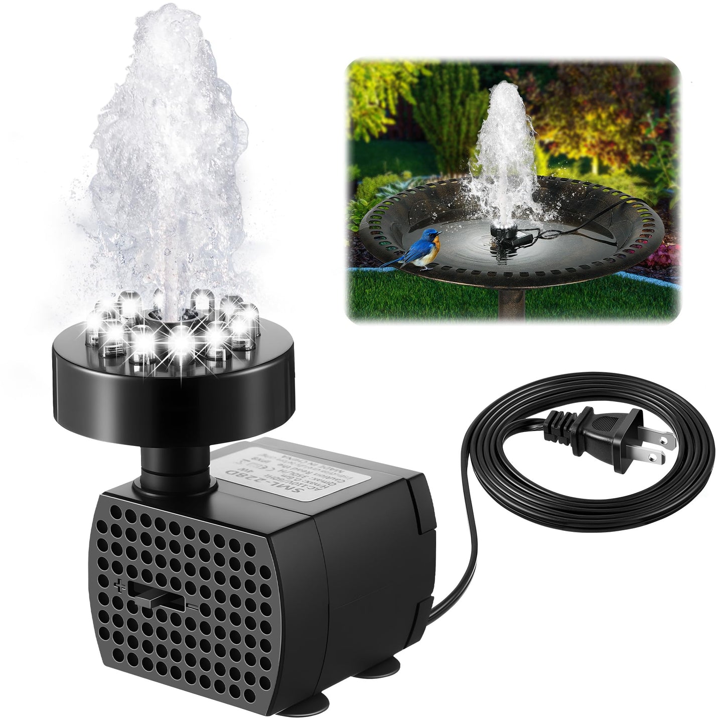 Dunkive Bird Bath Fountains with 12 LED Lights, 24 Hour Working Fountain Pump with Light, Adjustable Watering Submersible Pump for Outdoor Water Garden, Pond(Cool White)
