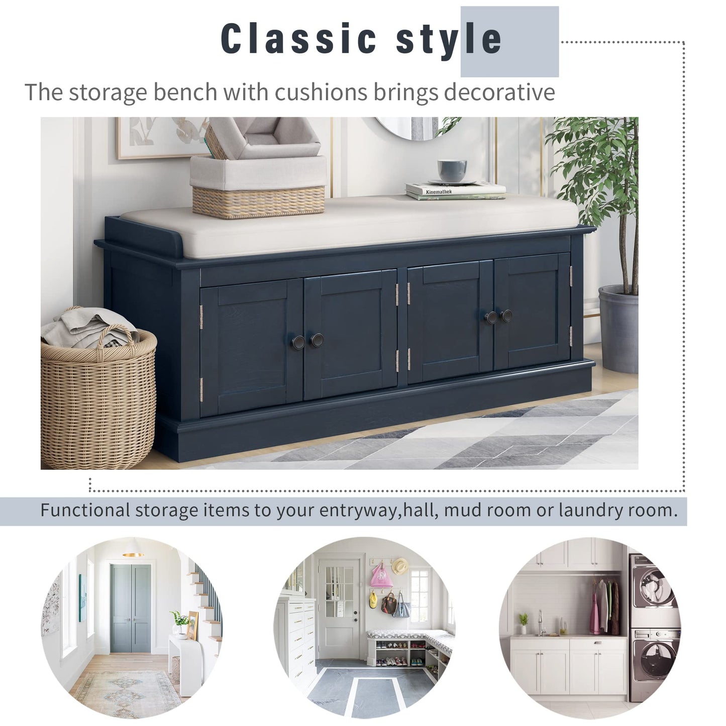 Merax Farmhouse Solid Wood Storage Bench with 4 Doors and Seat Cushion Shoe Cabinets for Entryway Hallway Front Door Antique Navy