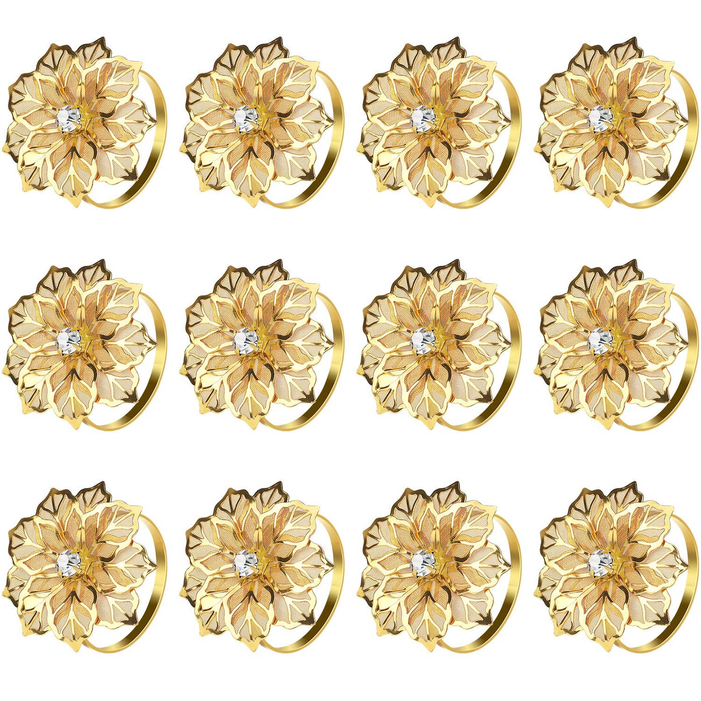 KPOSIYA Set of 20 Napkin Rings, Metal Gold Hollow Out Flower Napkin Ring Holder for Wedding Party Holiday Banquet Christmas Dinner Delicate Serviette Buckles Decor Favor (20, Flower-Gold)