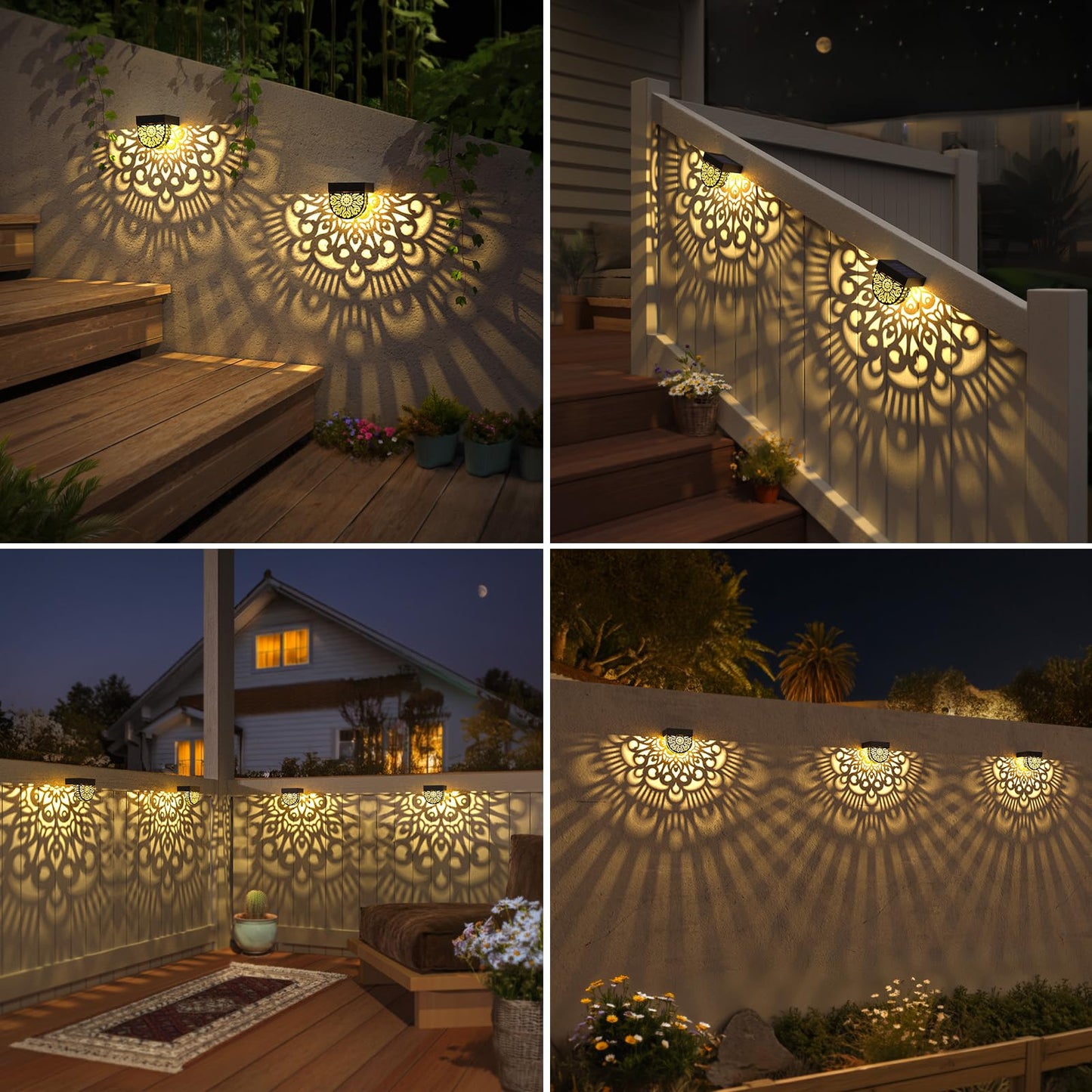 EKQ 6 Pack Solar Fence Lights Outdoor Wall Lights Black Plastic Solar Powered Deck Step Stair Lights Mandala Theme Waterproof Fence Solar Light for Garden Post Patio Backyard Yard Decor