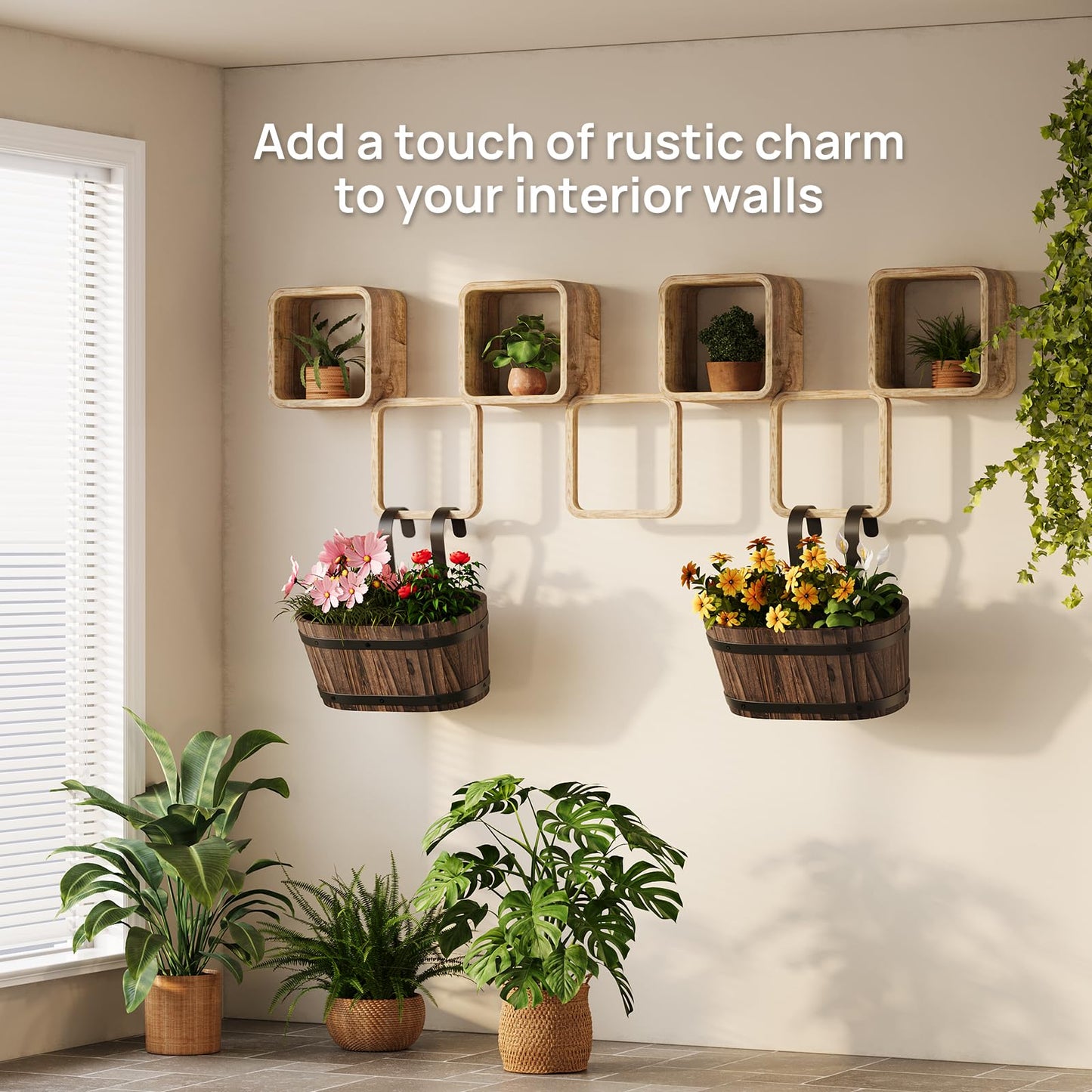 2pcs Wood Railing Planter Boxes Wooden Hanging Flower Pots for Railing Fence Outdoor Plants Wall Planters Window Flower Box Hanging Bucket Pots Countryside plant Holder (Carbonized,2pcs,Small)