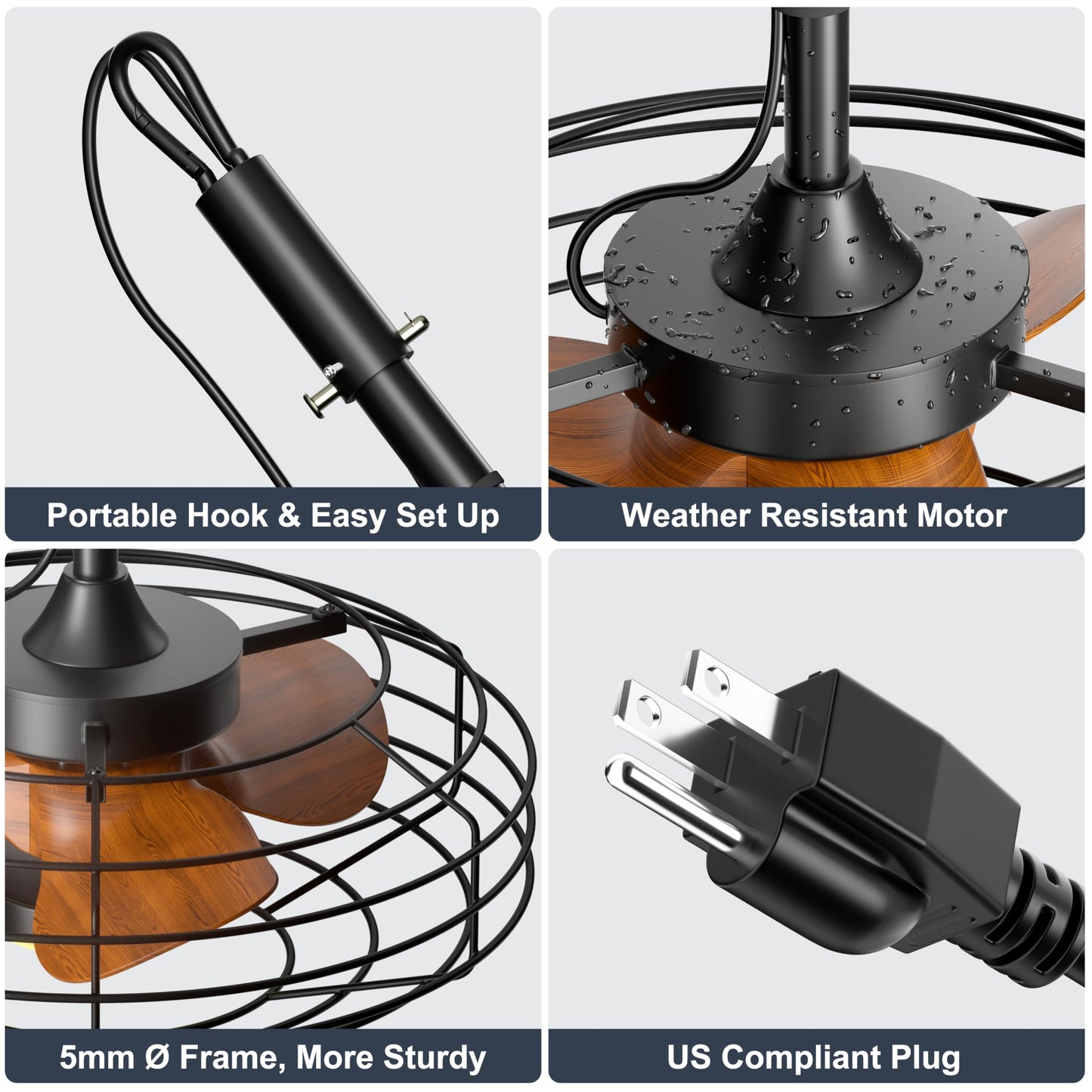 Coolbull Plug and Play Outdoor Ceiling Fans with Lights, 20'' Wet Rated Gazebo Fan Remote/APP Control, Dimmable Hanging Fan for Patio Pergola, Wood Color
