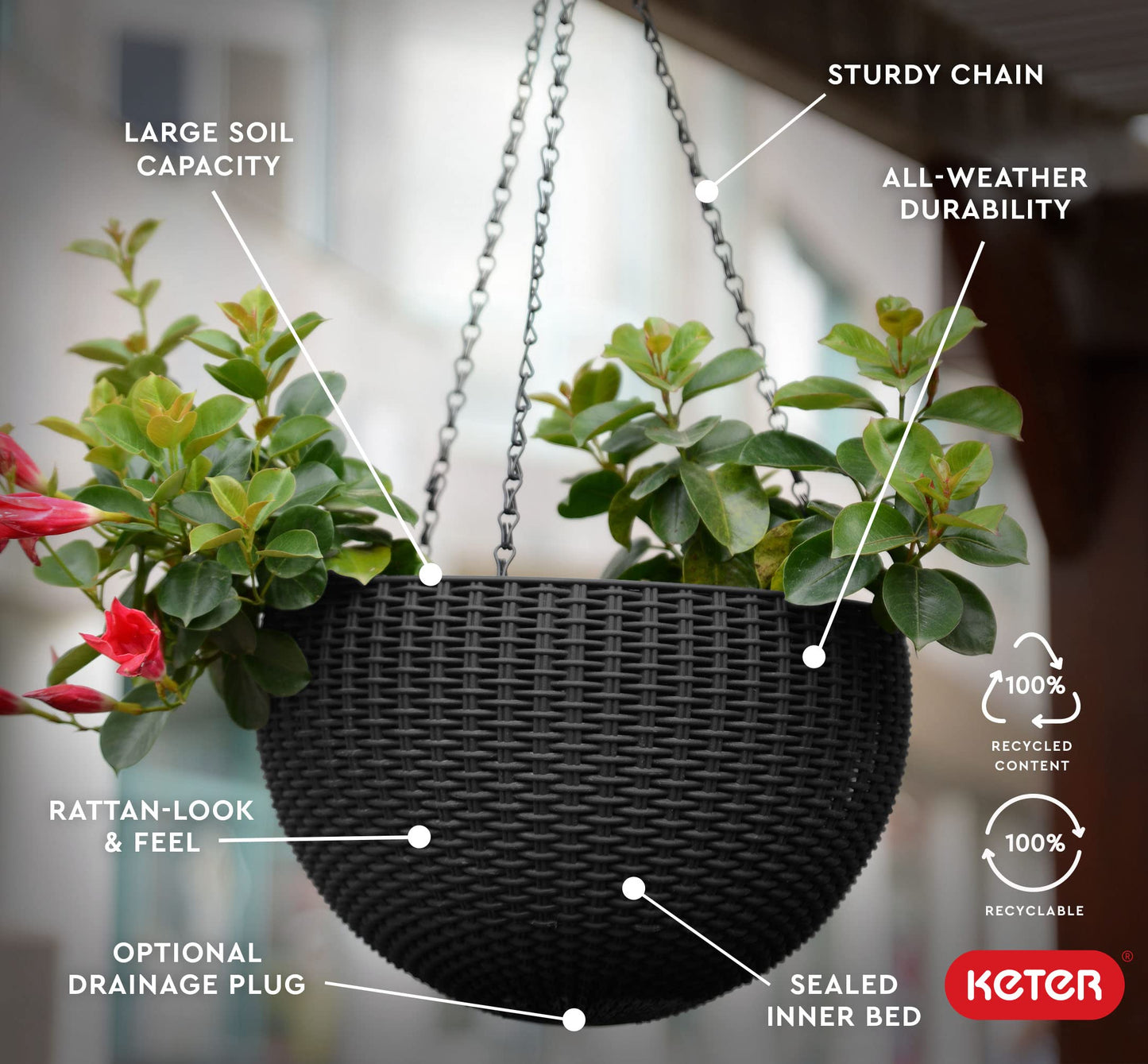 Keter Resin Rattan Set of 2 Round Hanging Planter Baskets for Indoor and Outdoor Plants-Perfect for Porches and Patio Decor, Graphite