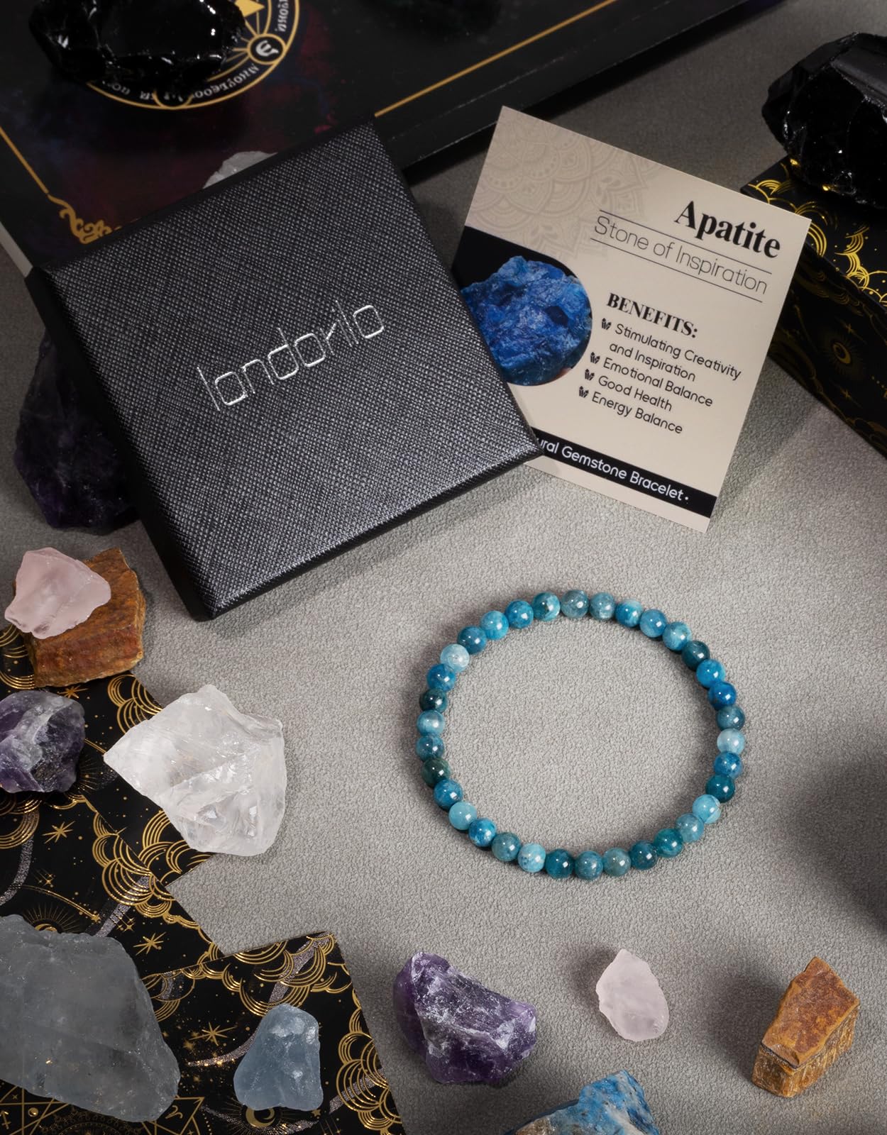 Landorilo Beaded Bracelet for Men Women, 6mm Natural Stone Apatite Healing Crystal Stretch Bracelets, Ideal Christmas Birthday Jewelry Gifts with Energy Card，Replacement Beads Included