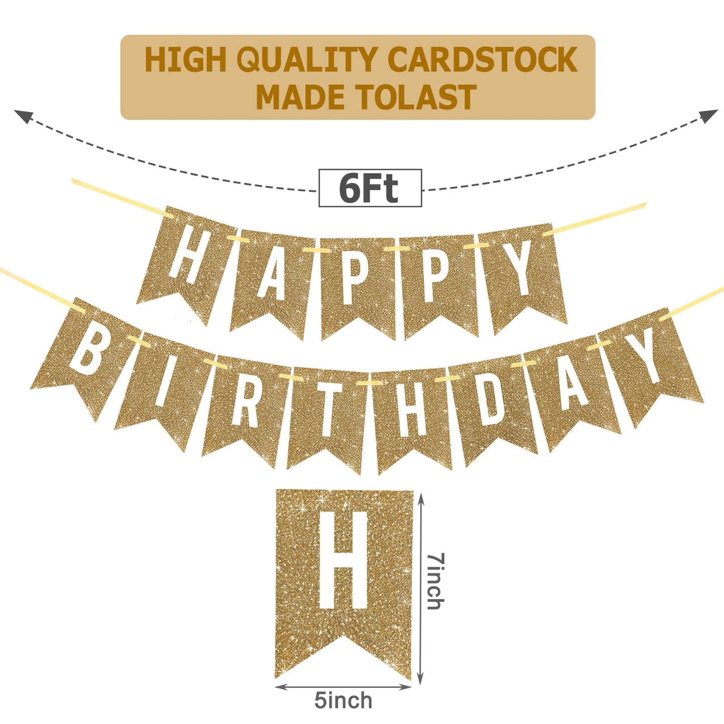 Netnology Pre-Strung Gold Happy Birthday Banner Decorations,12 ft No DIY Gold Glitter Birthday Party Banner Sign Decor for Women Men Girl Boy Party Supplies