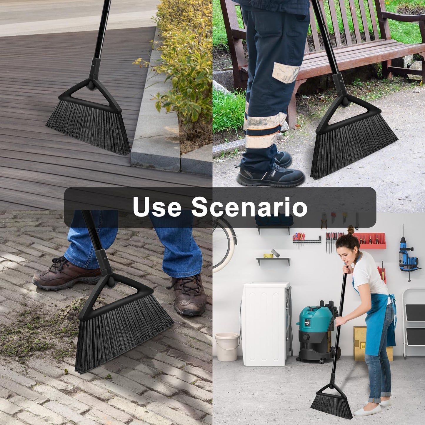 SZJYHQY 4PCS Heavy Duty Broom, Broom for Sweeeping Indoor and Outdoor, Angle Broom with Long Pole, Outdoor Broom for Courtyard/Garages/Slidewalk, Indoor Broom for Kitchen Lobby Canteen Black
