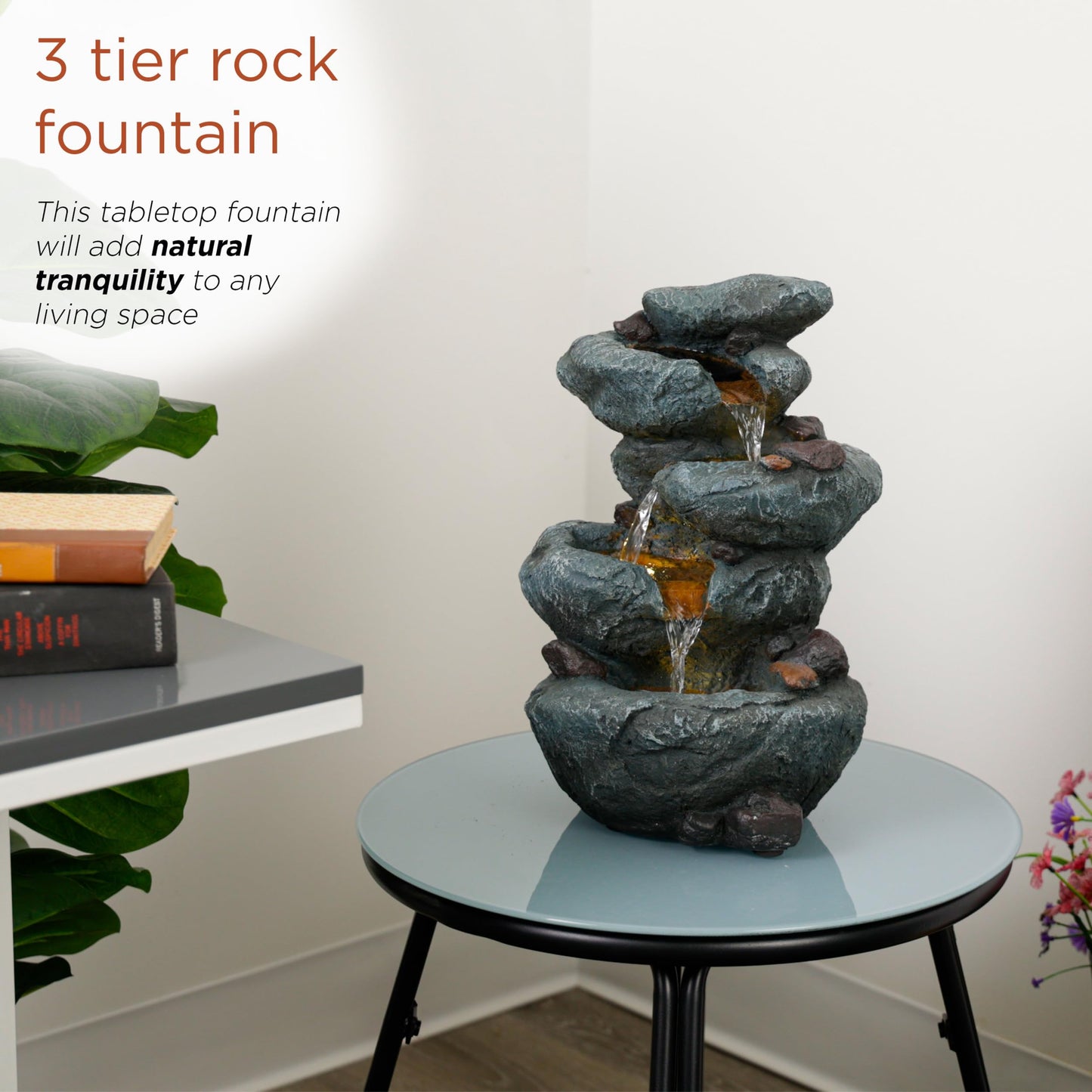 Alpine Corporation TZL418 14" 3 Tier Rock Fountain with LED Lights, Elegant Cascading Water Feature for Tabletop, Indoor Decor, Relaxing Stone Waterfall for Home & Office, Gray