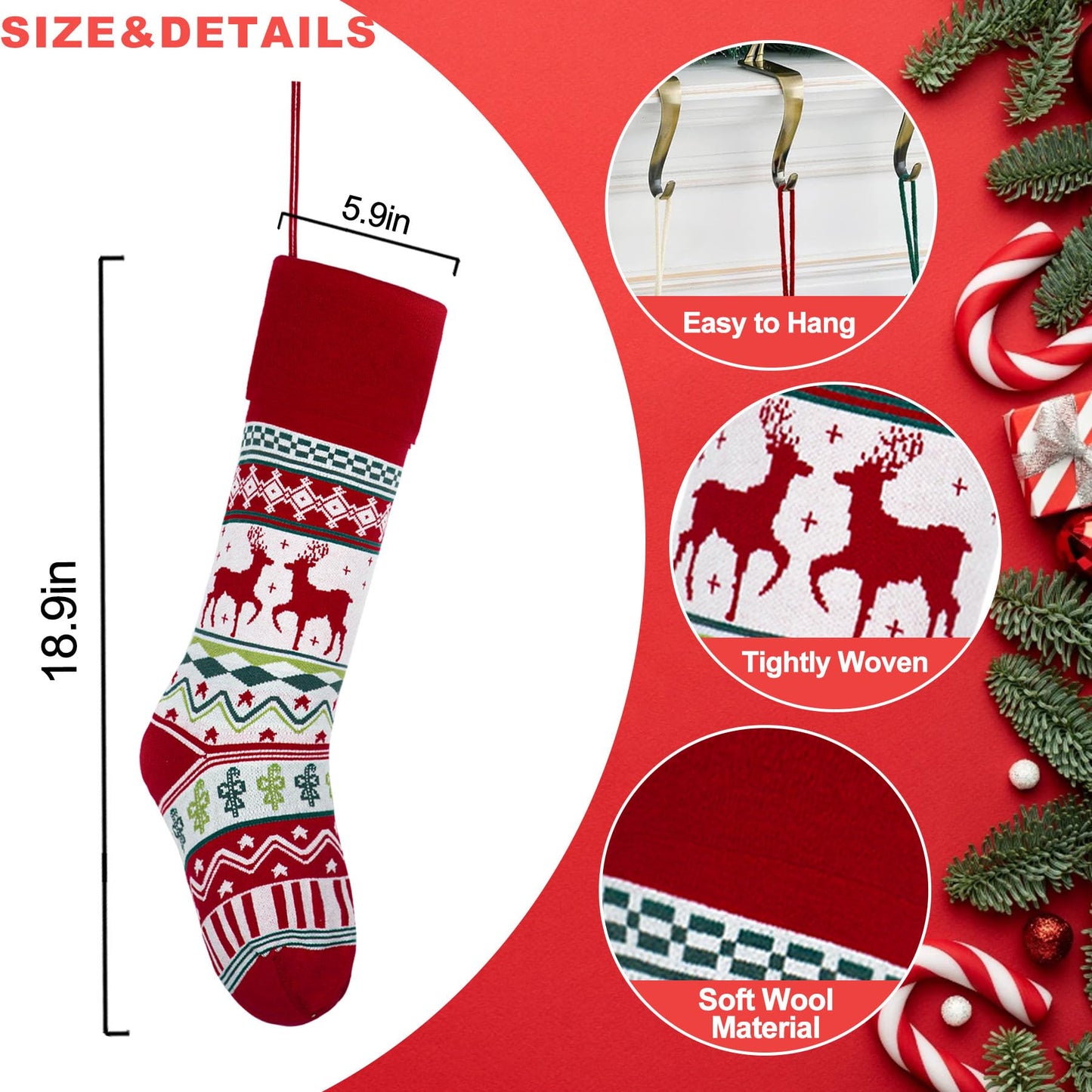 Relosy Christmas Stockings - 18'' Large Knitted Xmas Stocking for Kids,Family Stocking,Gifts & Decorations for Fireplace Christmas Holiday Party