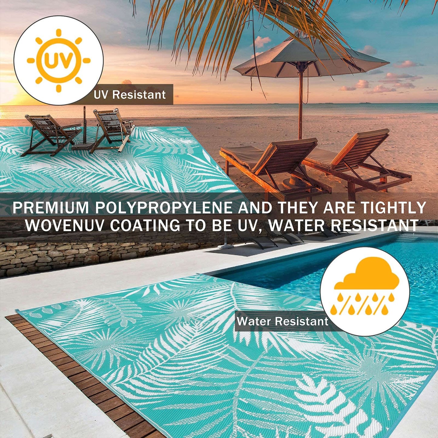 HiiARug Outdoor Rug for Patios Clearance, 6x9 Waterproof RV Rugs for Outside, Reversible Plastic Straw Mat Large Quick Drying Outdoor Rugs for Deck Trailers Campers Porch Beach Backyard,Teal & White