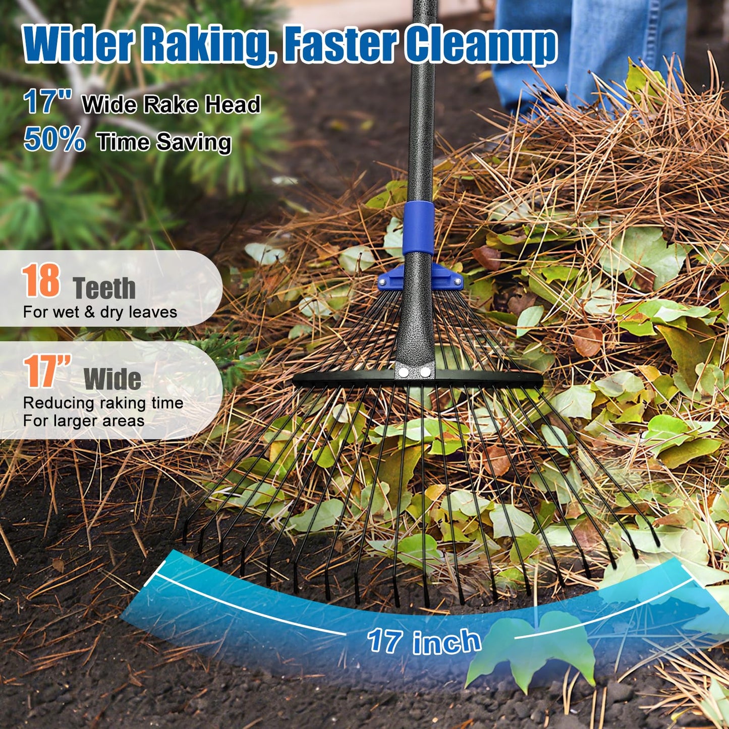 Rake for Leaves: Adjustable Metal Leaf Rake for Lawn, 8-17" Expandable Head, 45” Long Handle,Collapsible Heavy Duty Women Kids Garden Rakes for Yard Pine Needles Mulch Grass Debris Gardening Camping