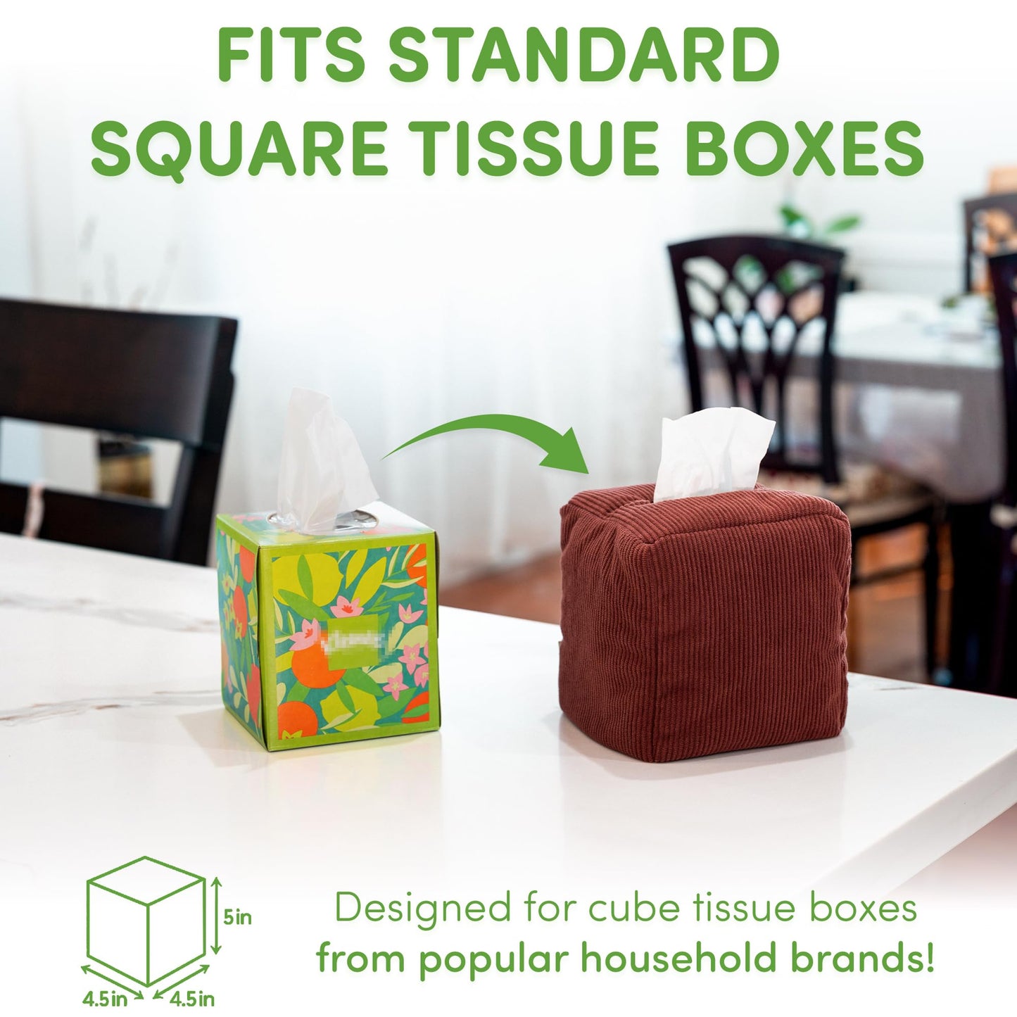 TOGI Corduroy Tissue Box Cover - Soft & Puffy Cube Design Adds a Warm, Cozy Touch - Soft Tissue Box Cover Square Fits Standard Square Boxes from Everyday Brands - Cozy Home & Office Decor (Brown)