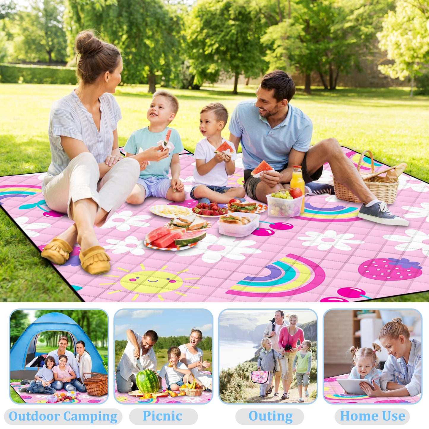 Extra Large Picnic Blanket Waterproof,80"x 80"Foldable Machine Washable Beach Blankets,Outdoor Blanket for 6-8 Adults, Picnic Mat Suitable for Indoor Crawling,Park Beach,Camping,Hiking, Travel(Pink)