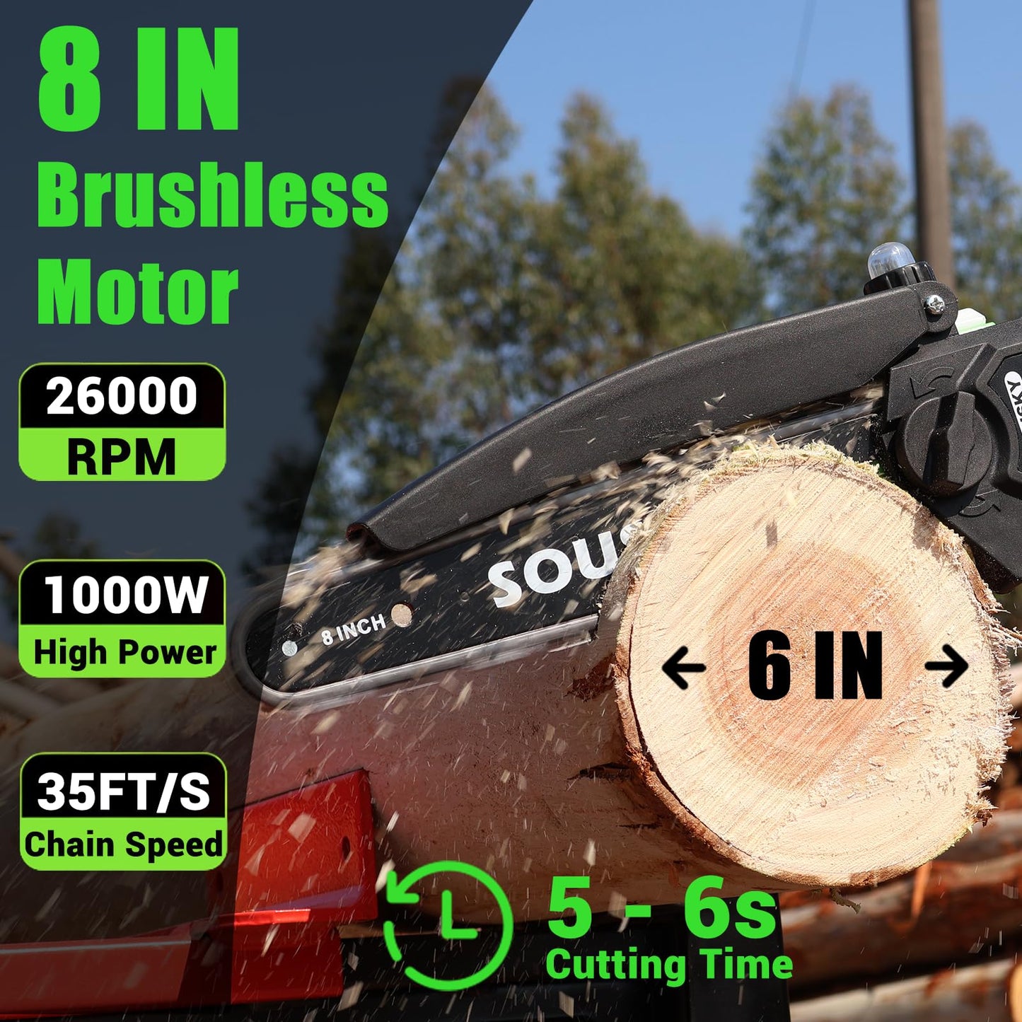 2-in-1 Cordless Pole Saw & Mini Chainsaw, 8 Inch Brushless Battery Chainsaw with 2×4000mAh Batteries, Telescoping Extension Pole, Adjustable Angle Head, Tree Saw for Tree Pruning/Wood Cutting