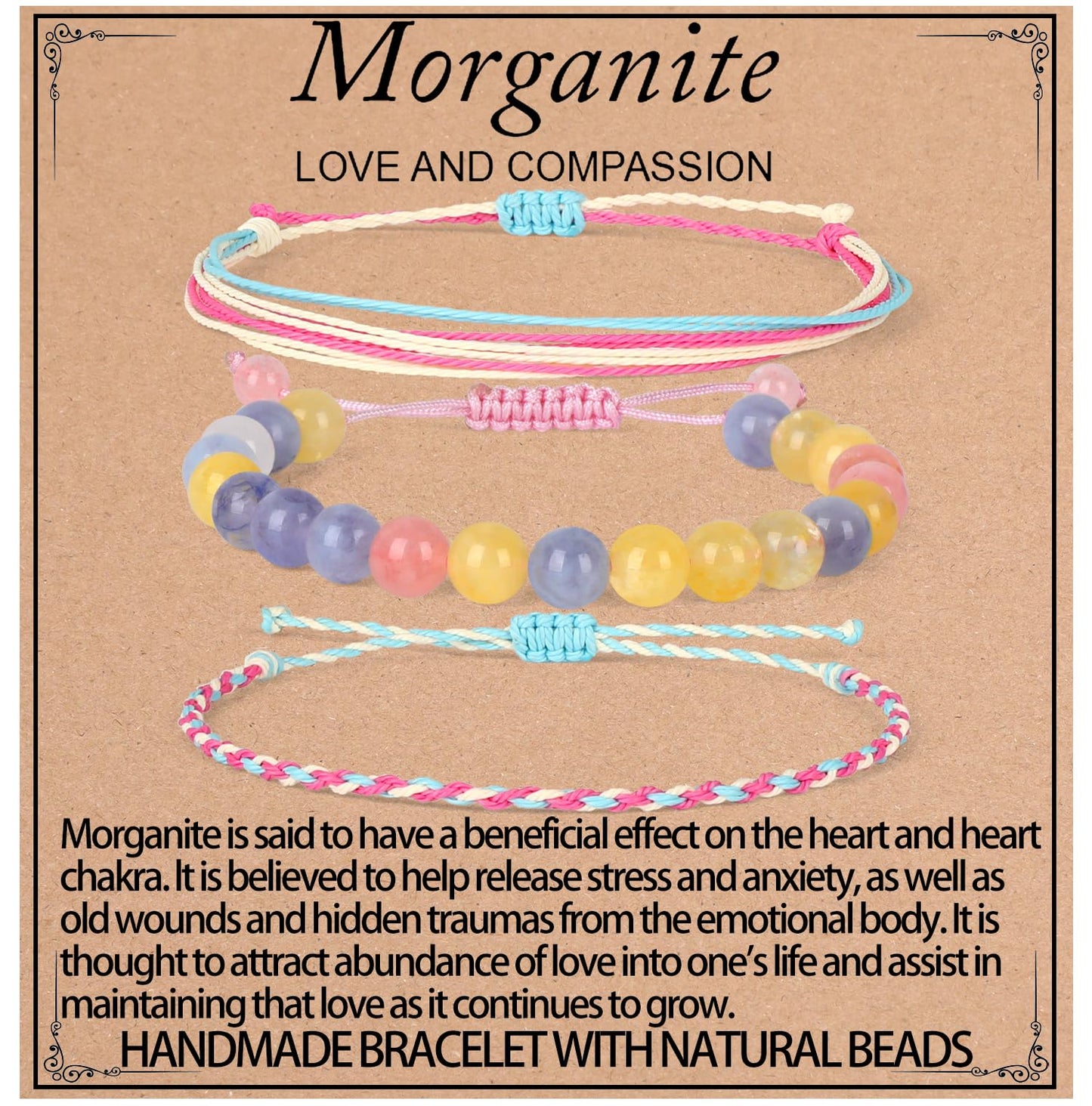 QOGIR Handmade Healing Bracelets,8mm Natural Morganite Gem Stone Beads Bracelet for Men Women Gifts with 2PCS Size Adjustable Rope Bracelets