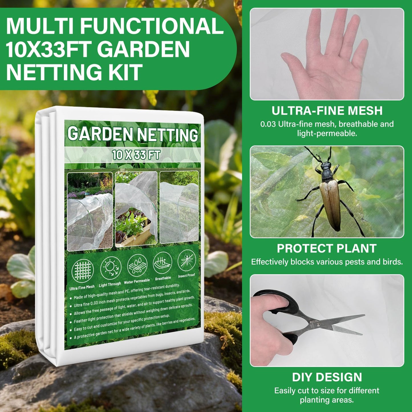 Sunwinx Garden Mesh Netting Kit for Raised Beds, 10x33FT Ultra Fine Mesh Netting&6 Sets 8FT Fiberglass Garden Hoops, Insect Netting Row Cover, Pest Barrier Protection for Vegetable Fruits Flowers