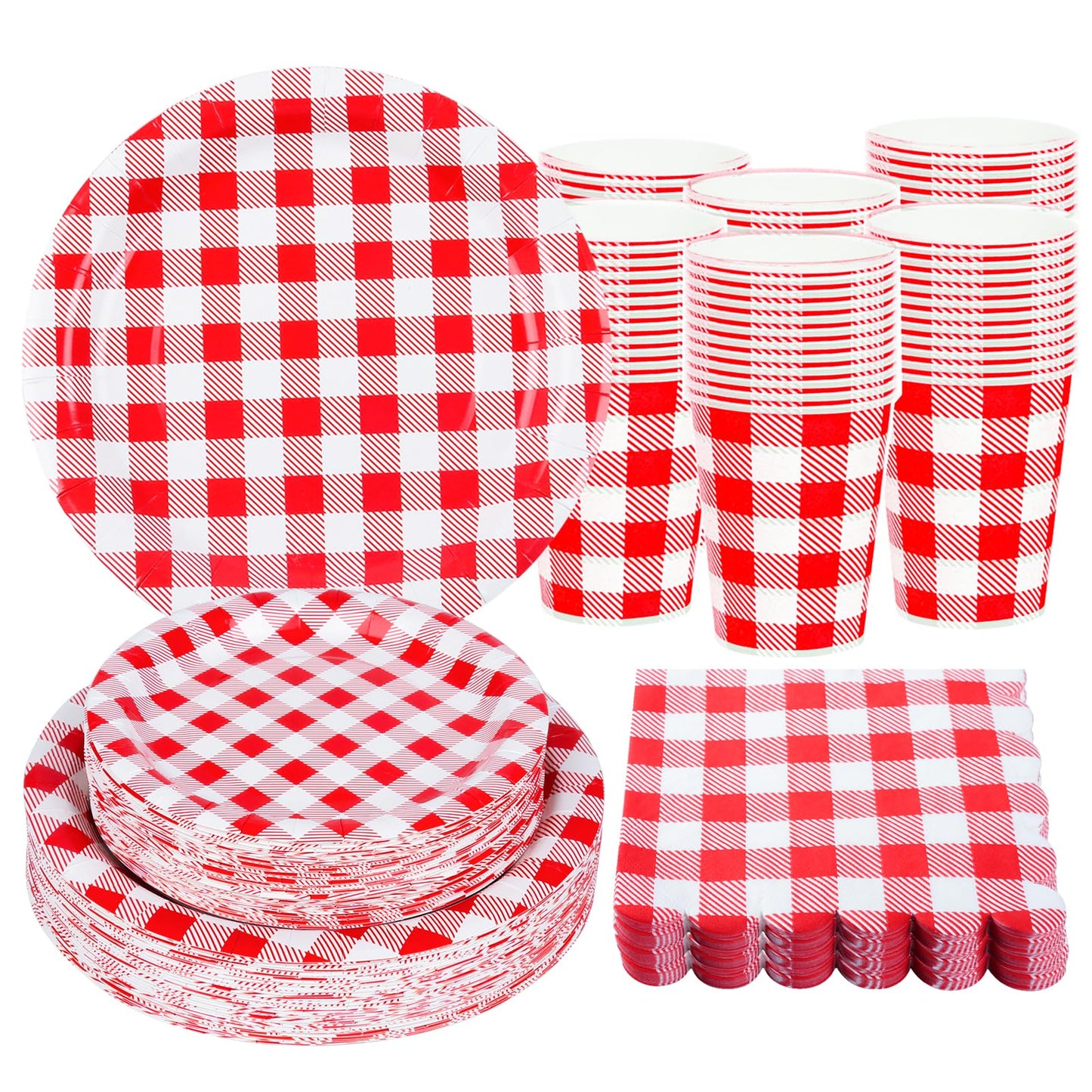 200Pcs Christmas Red Gingham Party Supplies Red Gingham Paper Plates and Napkins Cups Plaid Party Plates Disposable Reds and White Checkered Plates for Christmas Birthday Family Picnic，Serves 50