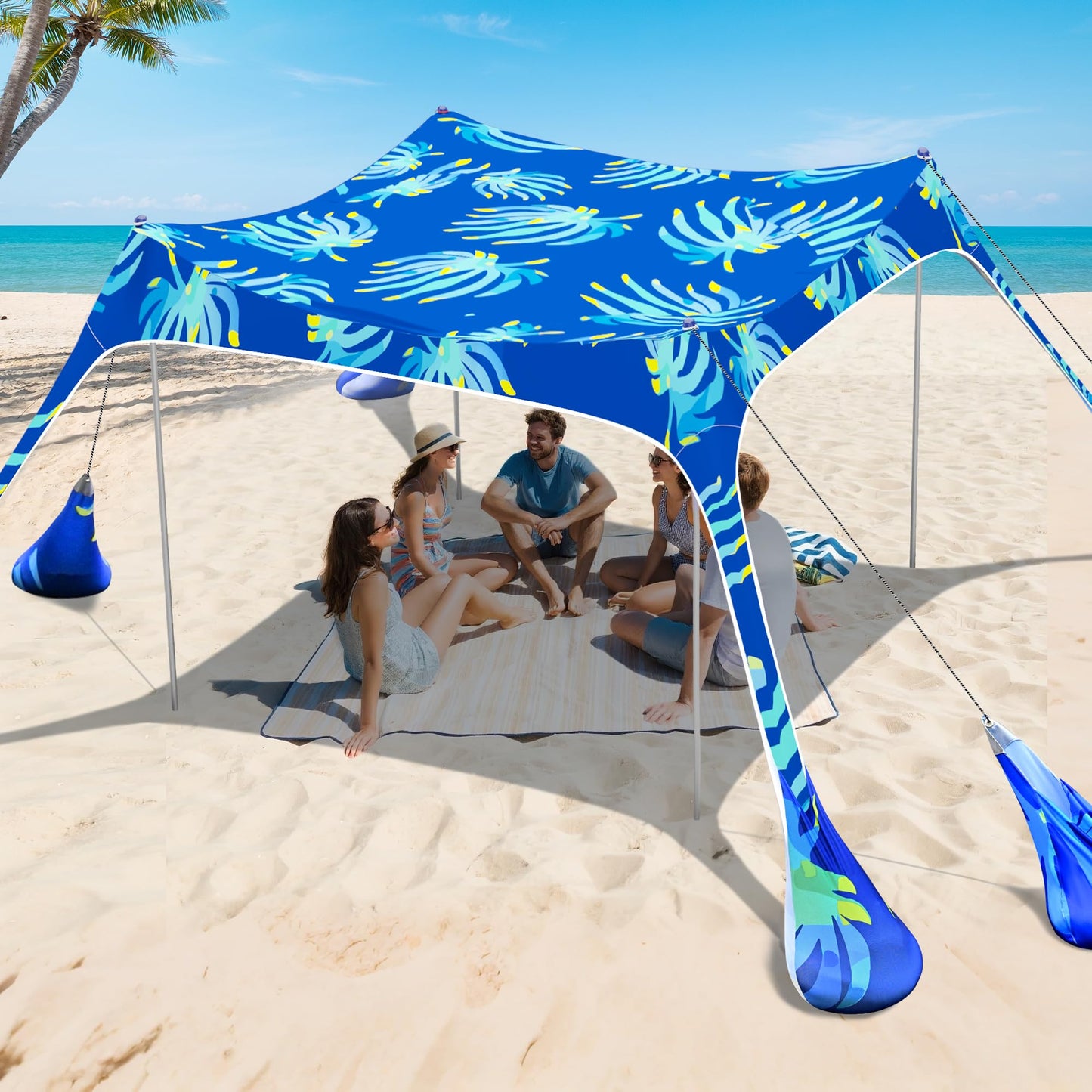 2PM SPORTS Beach Tent Sun Shelter 10x10 FT - UPF 50+ UV Protection, 8 Sandbags, Easy Setup, Portable Beach Shade Canopy for Family Picnic Camping Travel