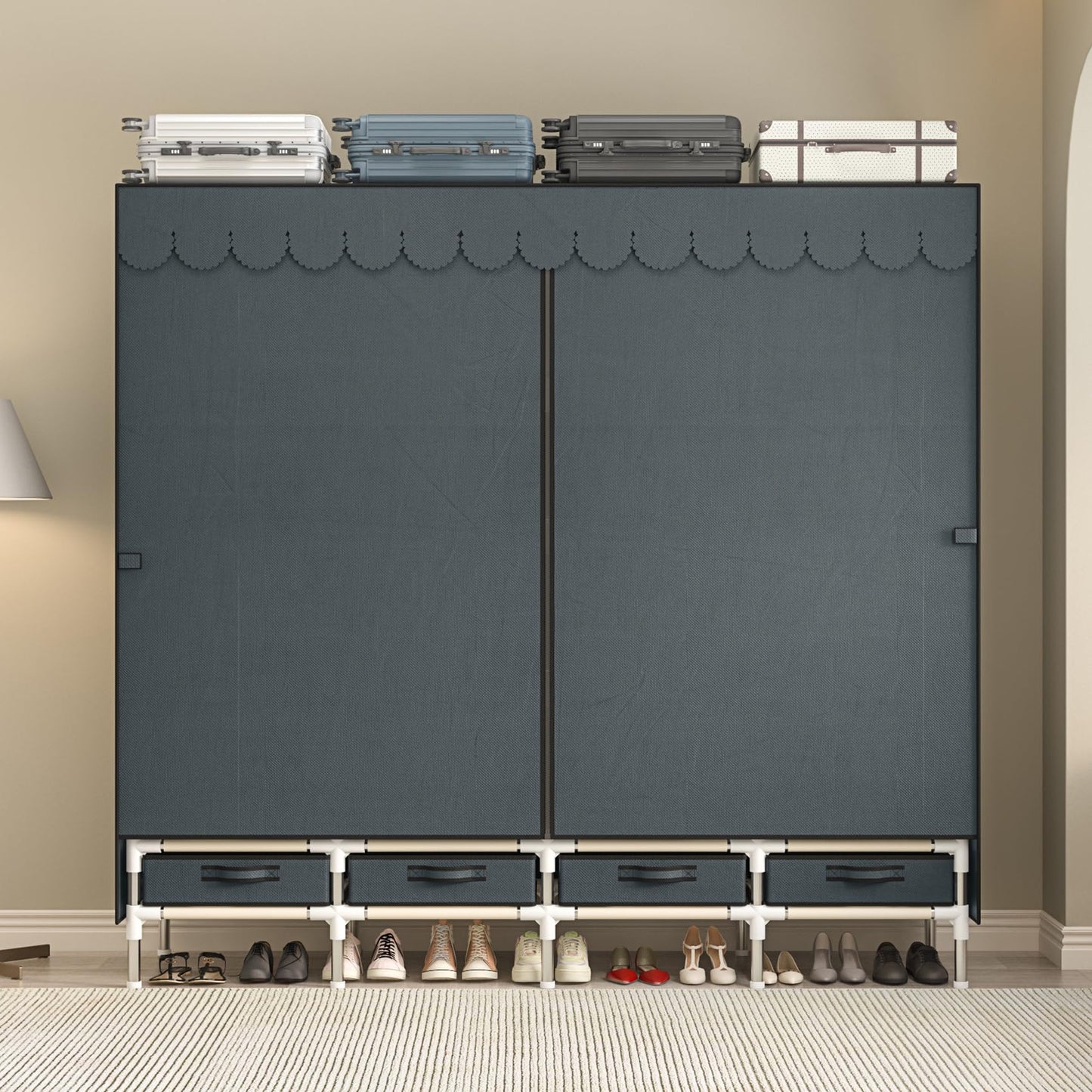 LEAIJIAFY Large Portable Wardrobe with 4 Hanging Rods and Drawers, Armoire, Metal Storage Wardrobe Hangers, Upgraded Grey Non-Woven Dust Cover for Handing Closet,Large Closets for Bedroom