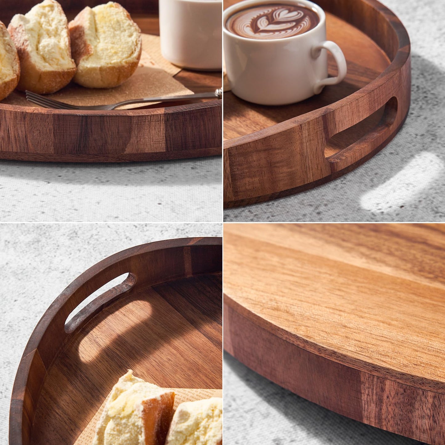 SARUFO Acacia Wood Round Ottoman Tray – Decorative Serving Tray with Handles for Coffee Table, Breakfast in Bed, Living Room, Kitchen Counter, Candle Display, Tea Party, Lunch, Dinner, Bathroom