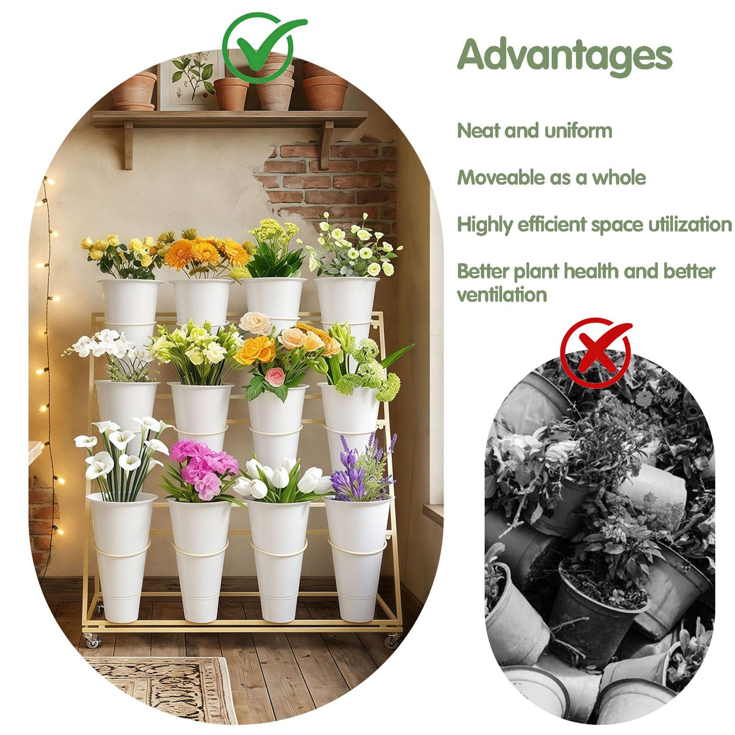 Flower Display Stand with 12 Buckets, 3 Layers Flower Bar Cart with Wheels, Metal Flower Plant Stand, Moving Florist Bouquet Shelf, for Outdoor Indoor Garden Patio Florist Weddings (A-Black)