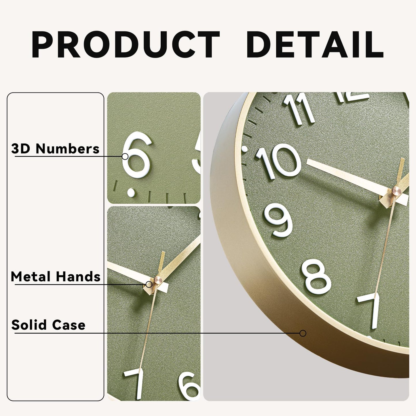Roymnie Wall Clock Green, Silent Wall Clocks Battery Operated 8 Inch-Modern Non Ticking Analog Clock Decorative for Kitchen Office Bathroom Bedroom(Gold)