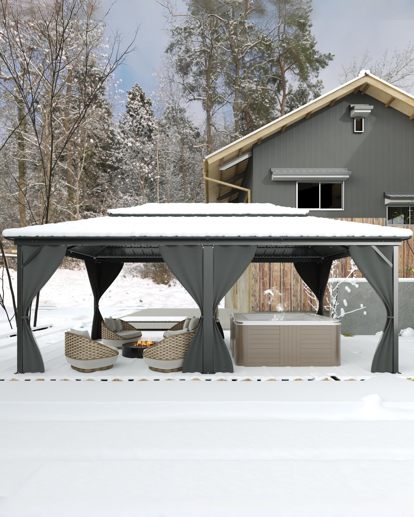 GarveeLife Hardtop Gazebo 12 ft x18 ft for All Weather, with Double Metal Roof, Net, and Curtain, Permanent Building for Patio, Deck, Backyard, Lawn, and Garden