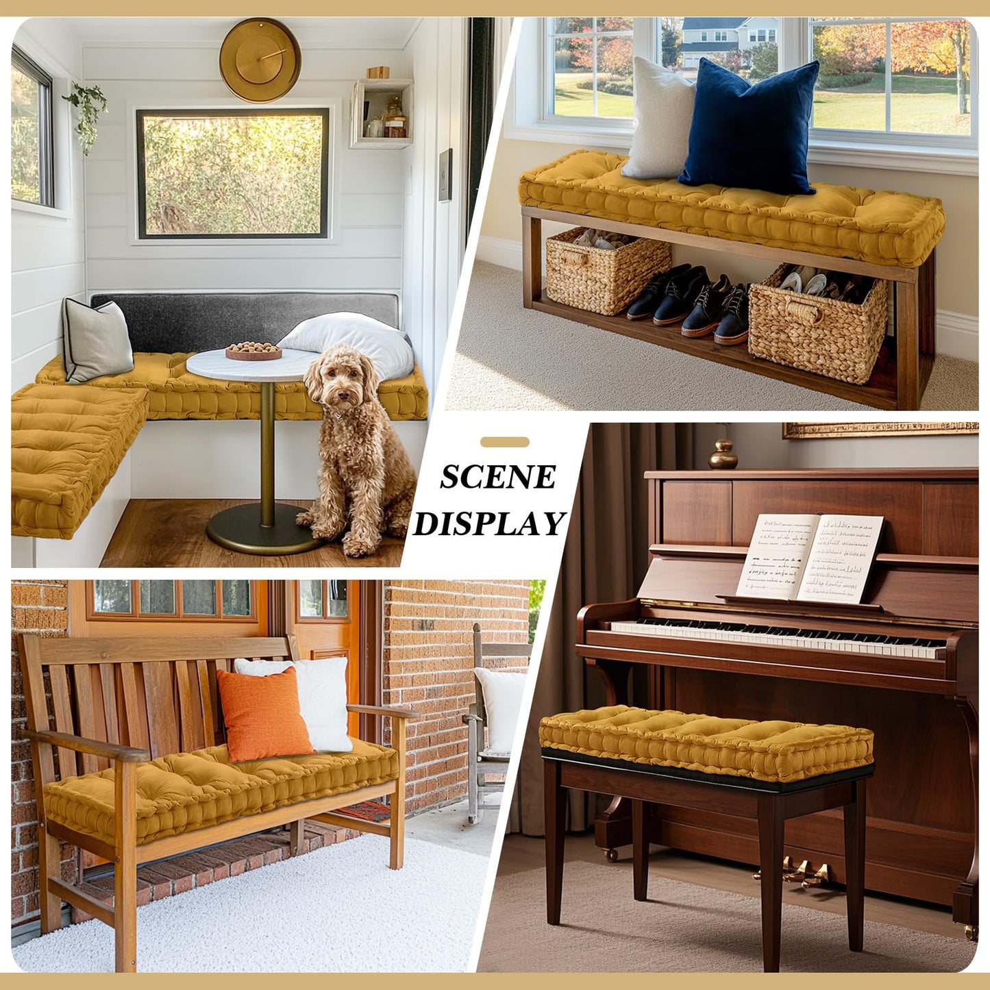 Threehoney Bench Cushions for Indoor Furniture 40x20 in Velvet Kitchen Dining Piano Window Seat Cushion, Tufted Patio Porch Swing Thicken Bench Pad Memory Foam(Yellow)