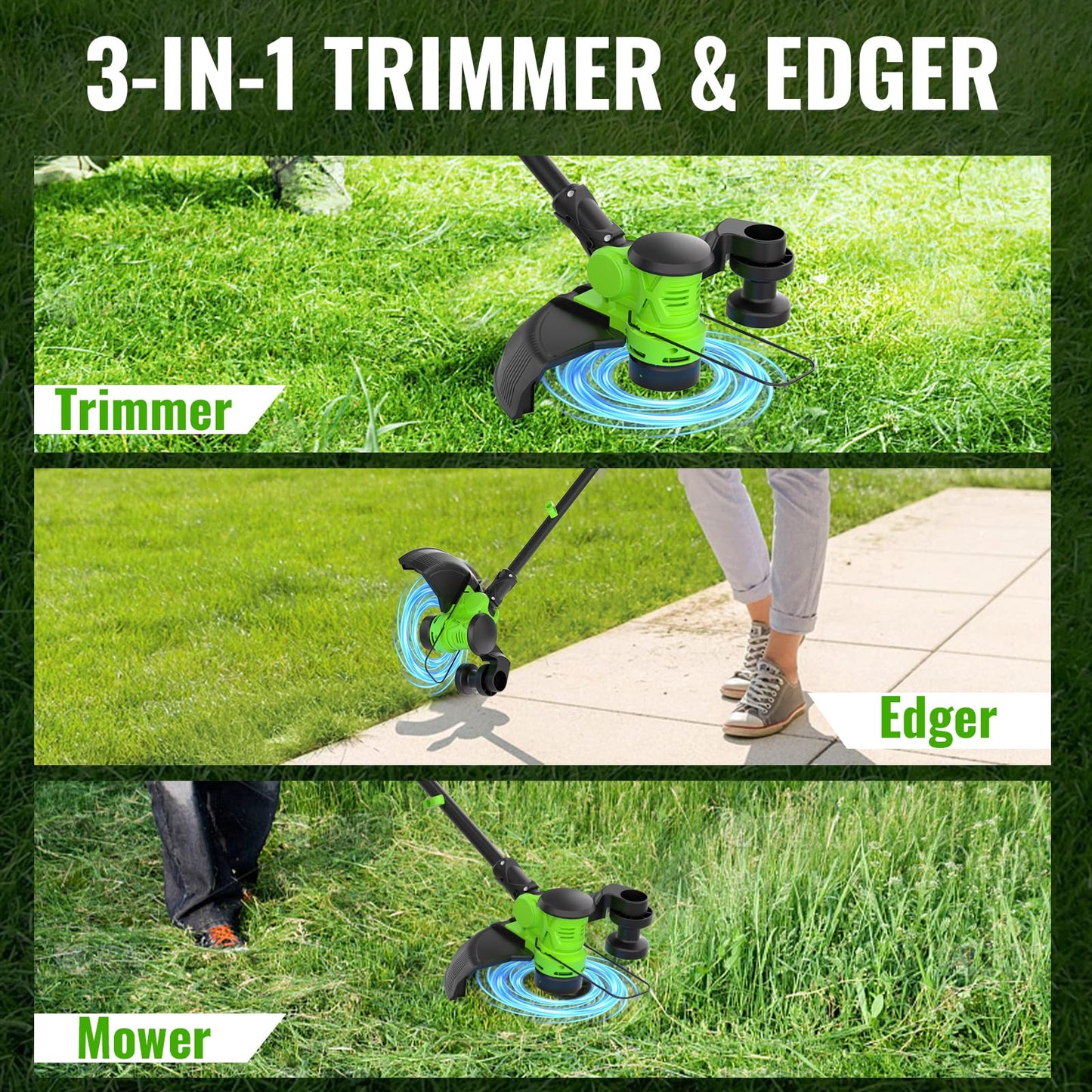 12" Cordless Weed Wacker String Trimmer with 2x5.0ah Battery and Charger, Electric Grass Trimmer 20V Battery Powered Weed Eater String, Edger Lawn Tool Grass Cutter with 8pcs Line Lawn Mover